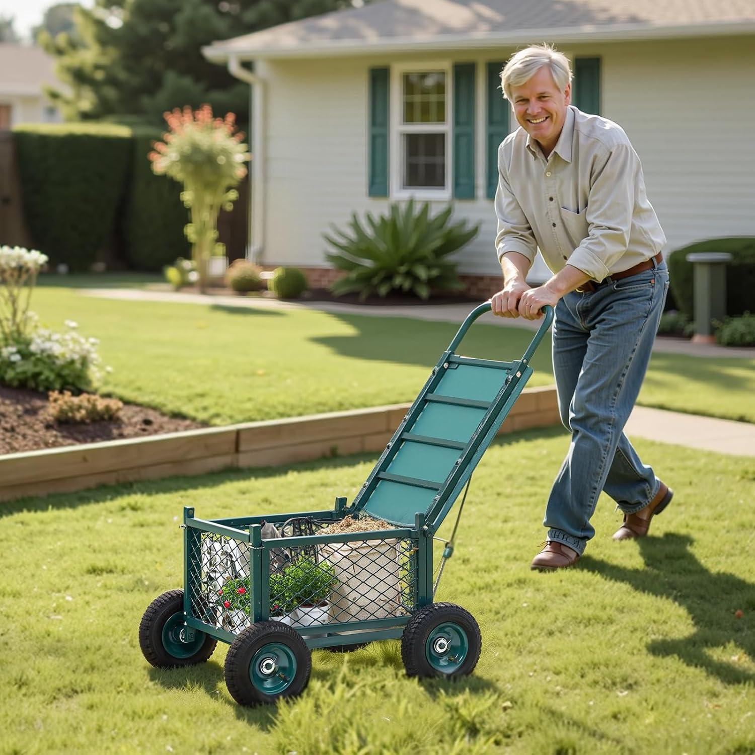 image:imageVEVOR Garden Cart Rolling Workseat with Wheels Gardening Stool for Planting 360 Degree Swivel Seat Wagon Scooter with Steering Handle amp Utility Tool Tray Use for Patio Yard and Outdoors BlueGreen Black