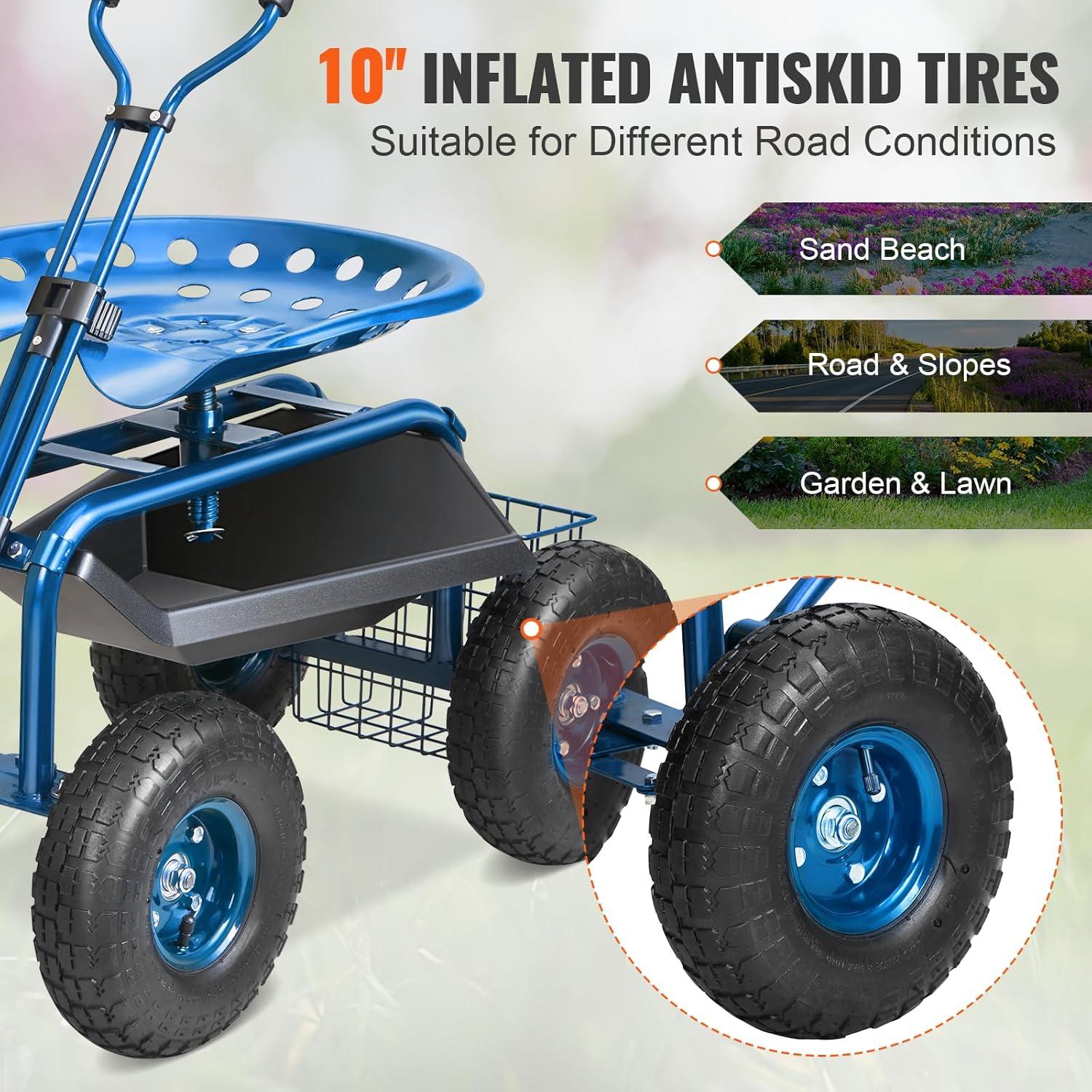 image:imageVEVOR Garden Cart Rolling Workseat with Wheels Gardening Stool for Planting 360 Degree Swivel Seat Wagon Scooter with Steering Handle amp Utility Tool Tray Use for Patio Yard and Outdoors BlueBlue