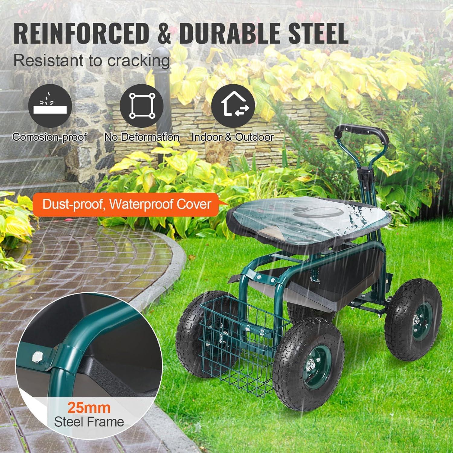 image:imageVEVOR Garden Cart Rolling Workseat with Wheels Gardening Stool for Planting 360 Degree Swivel Seat Wagon Scooter with Steering Handle amp Utility Tool Tray Use for Patio Yard and Outdoors BlueGreen