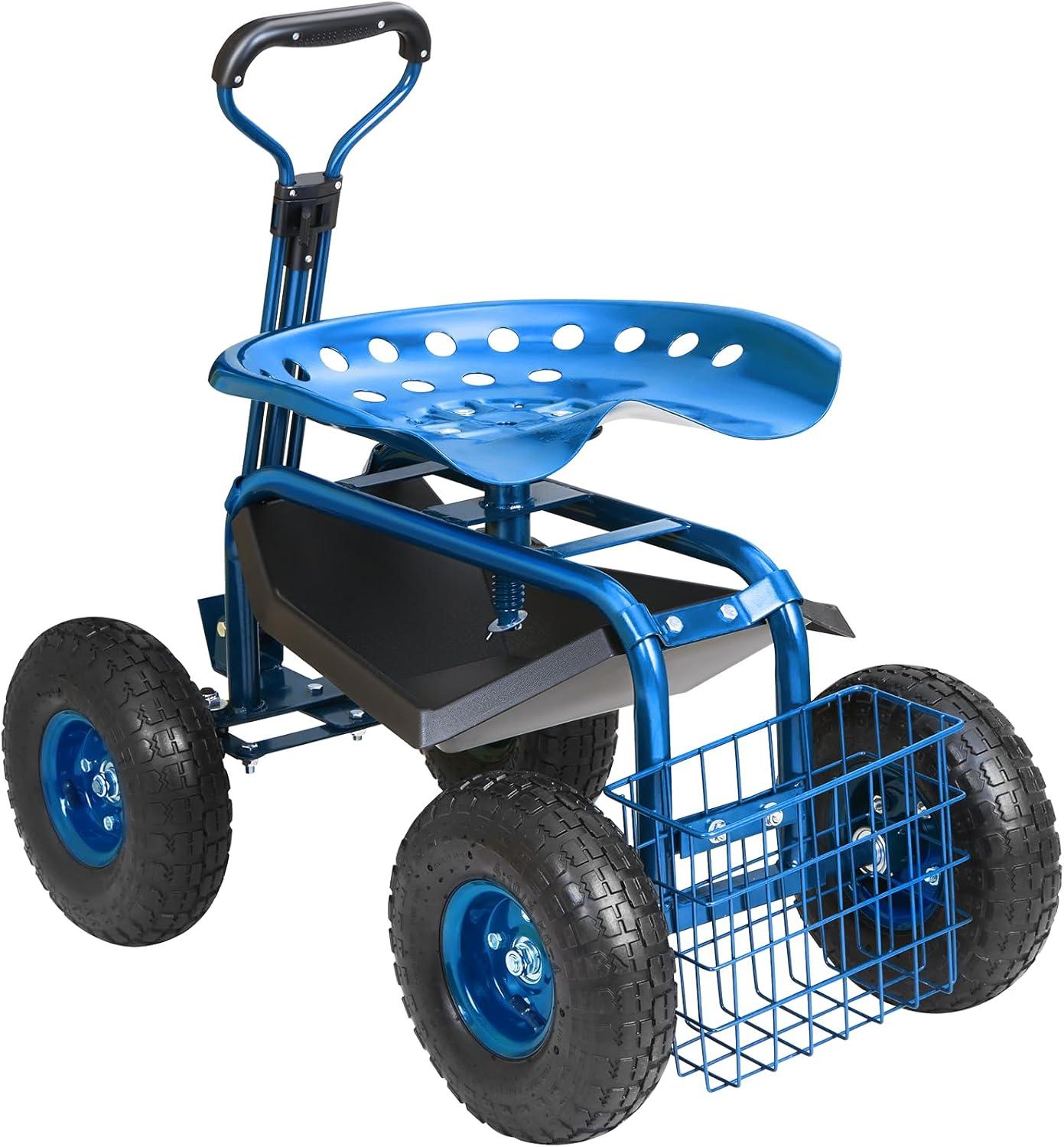 image:imageVEVOR Garden Cart Rolling Workseat with Wheels Gardening Stool for Planting 360 Degree Swivel Seat Wagon Scooter with Steering Handle amp Utility Tool Tray Use for Patio Yard and Outdoors BlueBlue