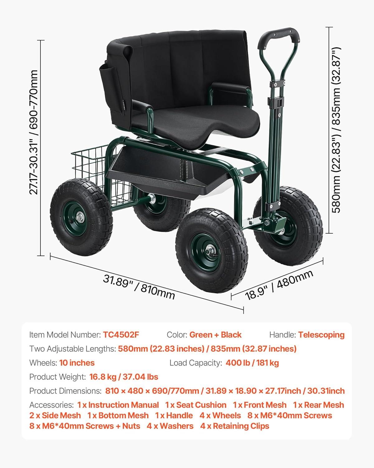 image:imageVEVOR Garden Cart Rolling Workseat with Wheels Gardening Stool for Planting 360 Degree Swivel Seat Wagon Scooter with Steering Handle amp Utility Tool Tray Use for Patio Yard and Outdoors BlueGreen Black