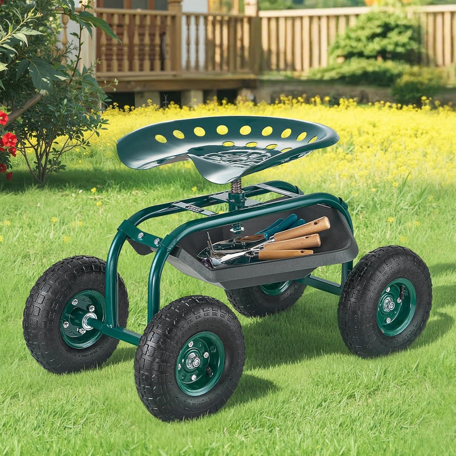 image:imageVEVOR Garden Cart Rolling Workseat with Wheels Gardening Stool for Planting 360 Degree Swivel Seat Wagon Scooter with Steering Handle amp Utility Tool Tray Use for Patio Yard and Outdoors BlueGreen Black