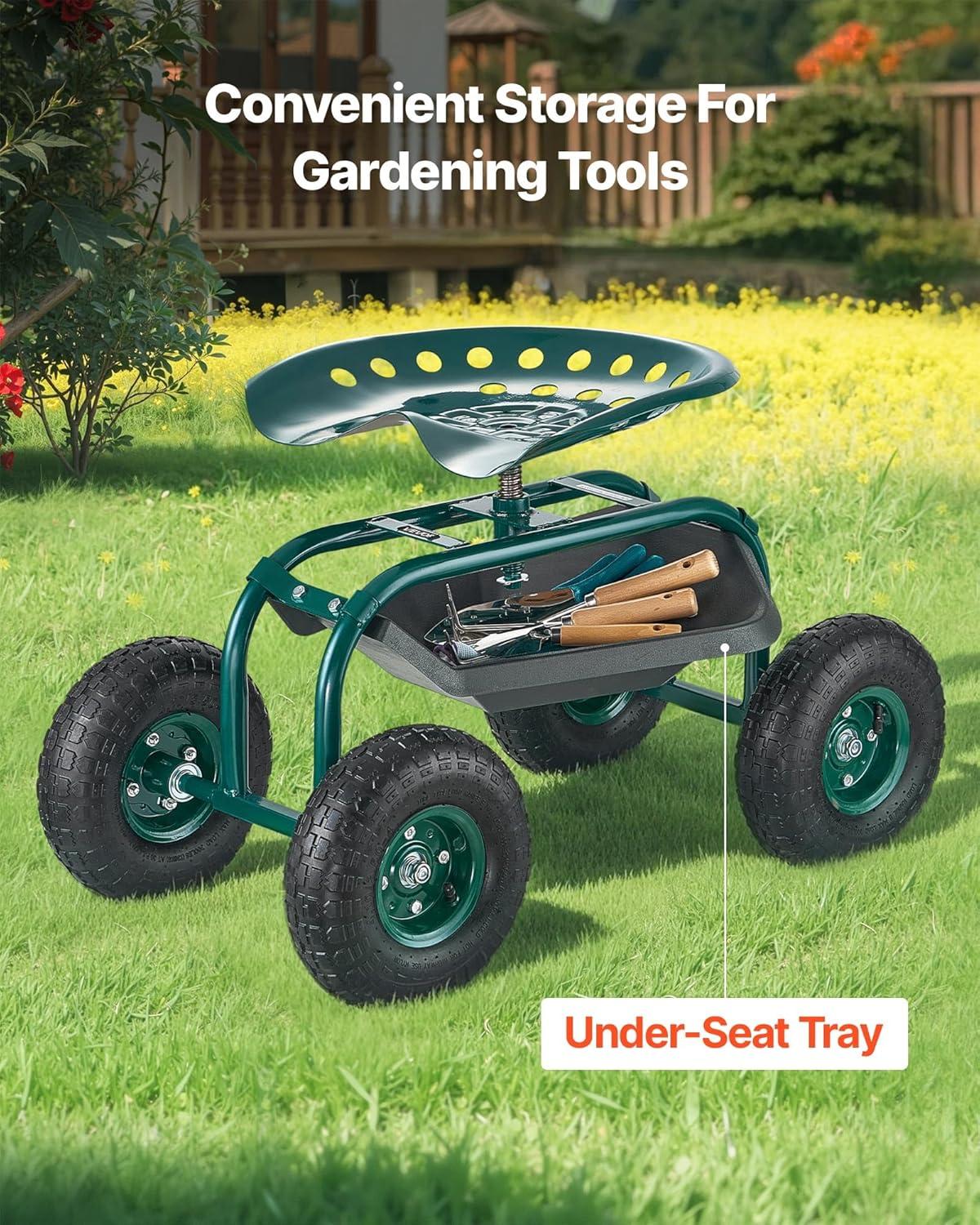 image:imageVEVOR Garden Cart Rolling Workseat with Wheels Gardening Stool for Planting 360 Degree Swivel Seat Wagon Scooter with Steering Handle amp Utility Tool Tray Use for Patio Yard and Outdoors BlueGreen Black