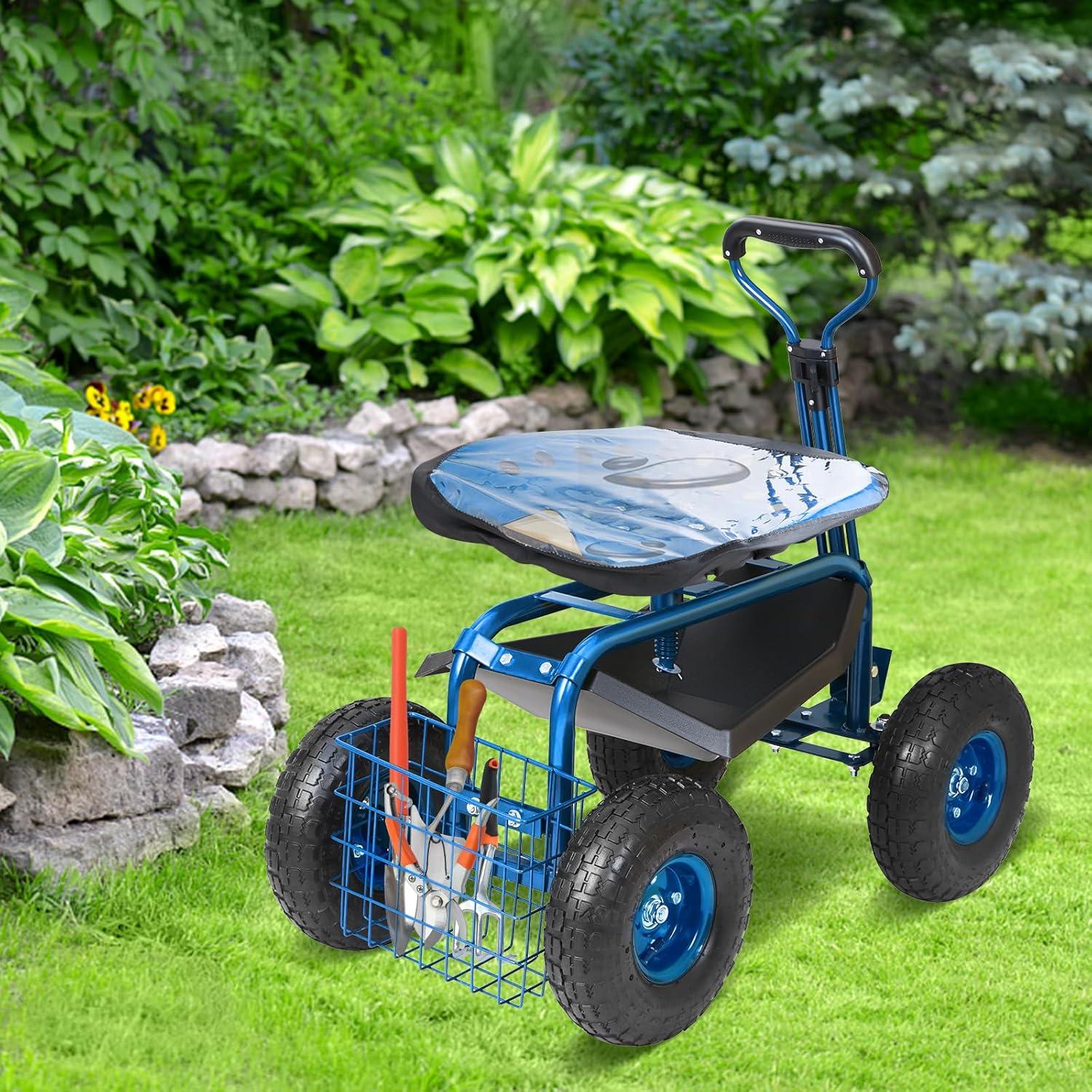 image:imageVEVOR Garden Cart Rolling Workseat with Wheels Gardening Stool for Planting 360 Degree Swivel Seat Wagon Scooter with Steering Handle amp Utility Tool Tray Use for Patio Yard and Outdoors BlueBlue