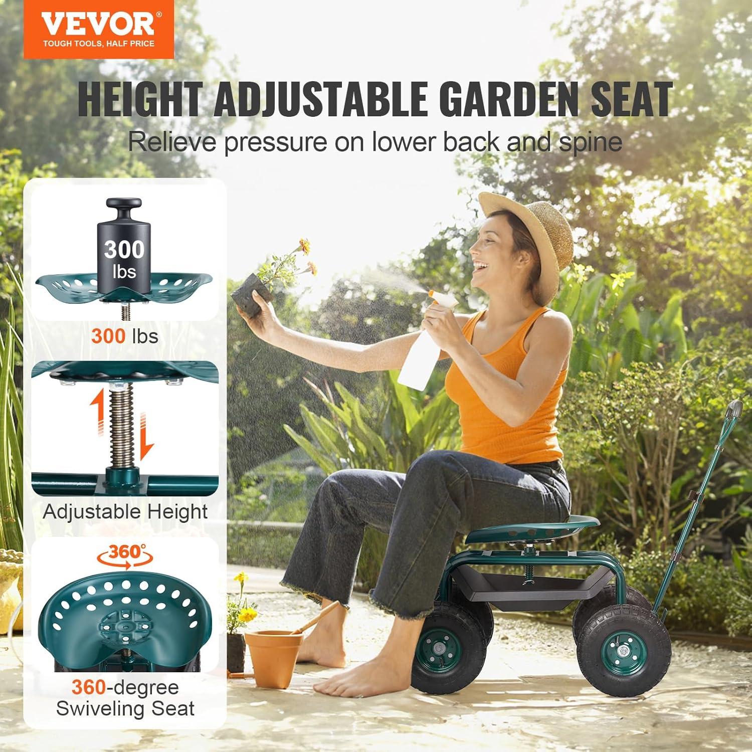 image:imageVEVOR Garden Cart Rolling Workseat with Wheels Gardening Stool for Planting 360 Degree Swivel Seat Wagon Scooter with Steering Handle amp Utility Tool Tray Use for Patio Yard and Outdoors BlueGreen