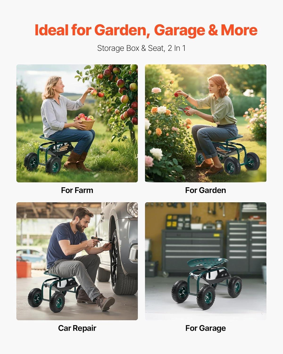 image:imageVEVOR Garden Cart Rolling Workseat with Wheels Gardening Stool for Planting 360 Degree Swivel Seat Wagon Scooter with Steering Handle amp Utility Tool Tray Use for Patio Yard and Outdoors BlueGreen Black