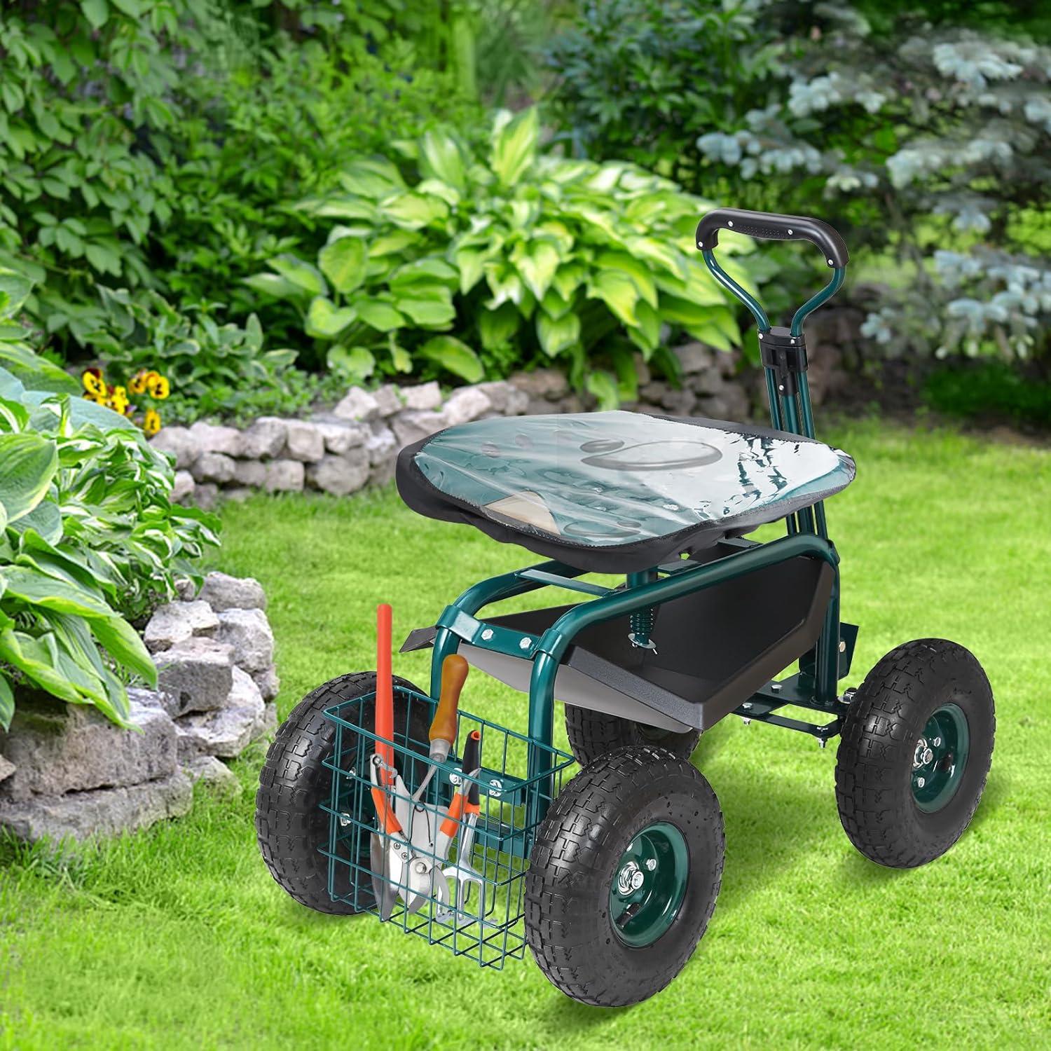 image:imageVEVOR Garden Cart Rolling Workseat with Wheels Gardening Stool for Planting 360 Degree Swivel Seat Wagon Scooter with Steering Handle amp Utility Tool Tray Use for Patio Yard and Outdoors BlueGreen