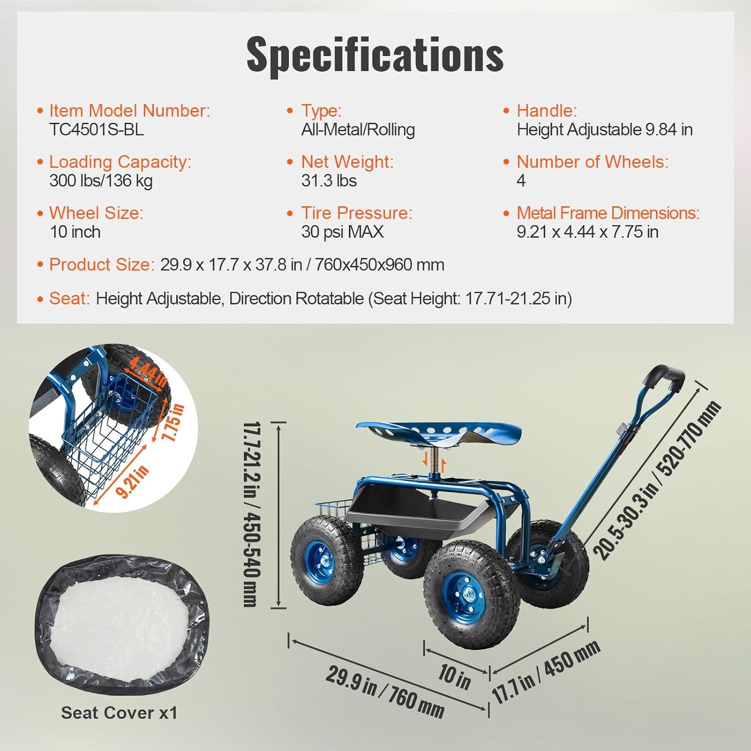 image:imageVEVOR Garden Cart Rolling Workseat with Wheels Gardening Stool for Planting 360 Degree Swivel Seat Wagon Scooter with Steering Handle amp Utility Tool Tray Use for Patio Yard and Outdoors BlueBlue