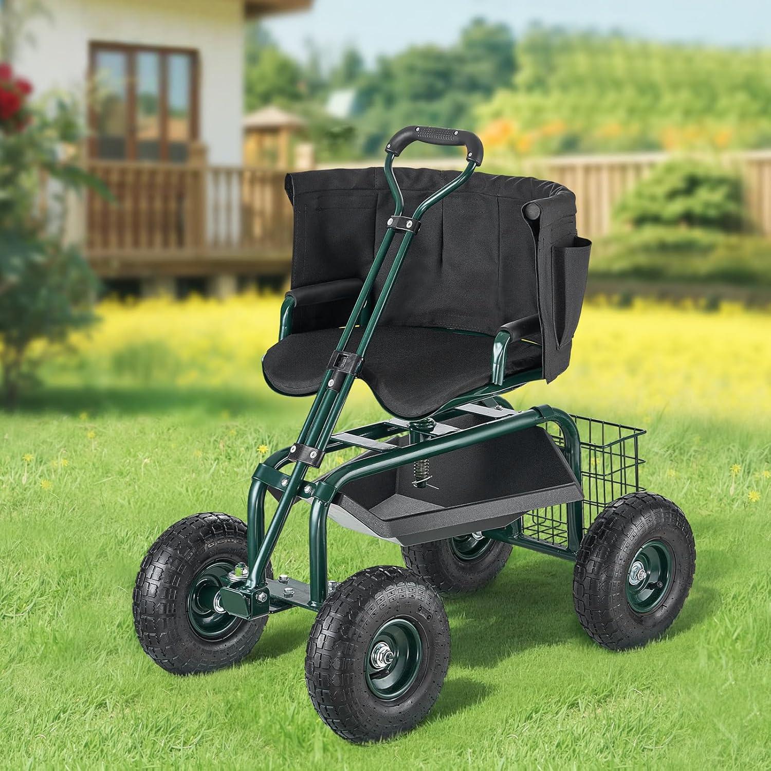 image:imageVEVOR Garden Cart Rolling Workseat with Wheels Gardening Stool for Planting 360 Degree Swivel Seat Wagon Scooter with Steering Handle amp Utility Tool Tray Use for Patio Yard and Outdoors BlueGreen Black