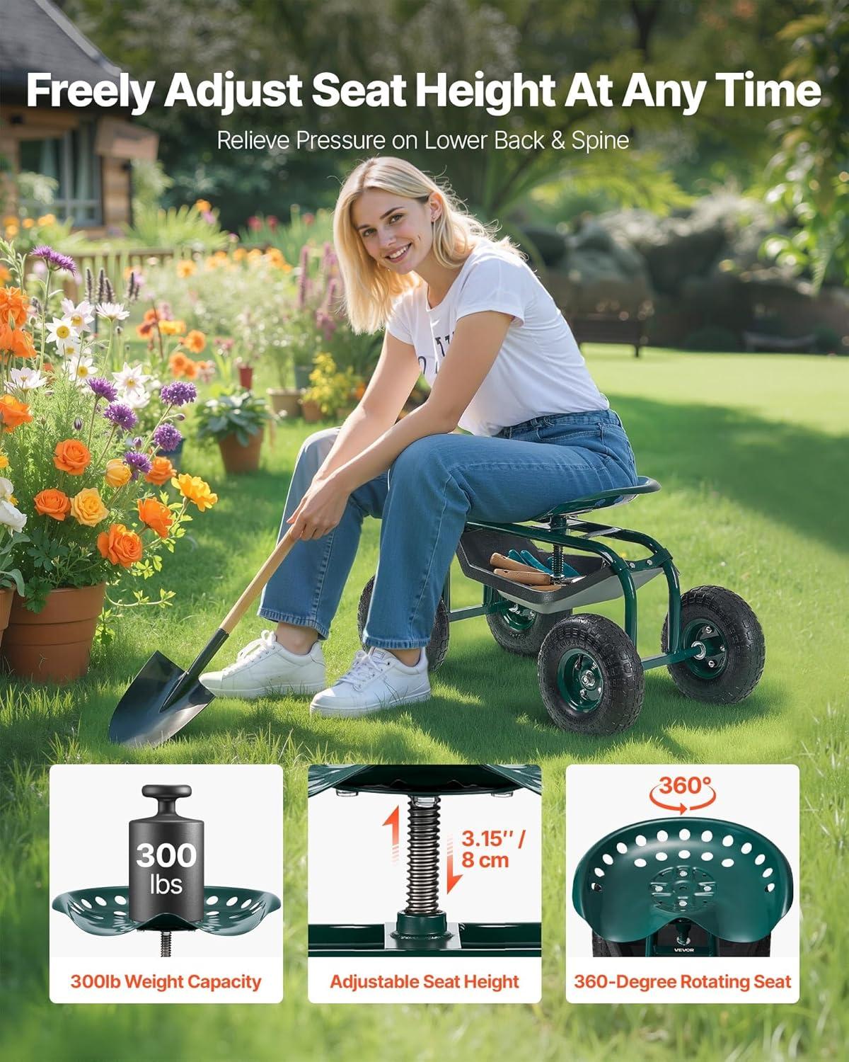 image:imageVEVOR Garden Cart Rolling Workseat with Wheels Gardening Stool for Planting 360 Degree Swivel Seat Wagon Scooter with Steering Handle amp Utility Tool Tray Use for Patio Yard and Outdoors BlueGreen Black