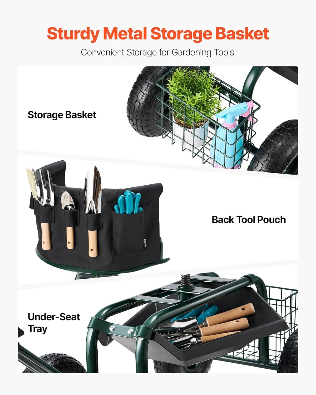 image:imageVEVOR Garden Cart Rolling Workseat with Wheels Gardening Stool for Planting 360 Degree Swivel Seat Wagon Scooter with Steering Handle amp Utility Tool Tray Use for Patio Yard and Outdoors BlueGreen Black