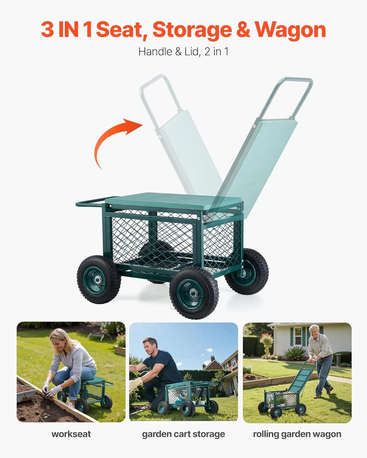 image:imageVEVOR Garden Cart Rolling Workseat with Wheels Gardening Stool for Planting 360 Degree Swivel Seat Wagon Scooter with Steering Handle amp Utility Tool Tray Use for Patio Yard and Outdoors BlueGreen Black