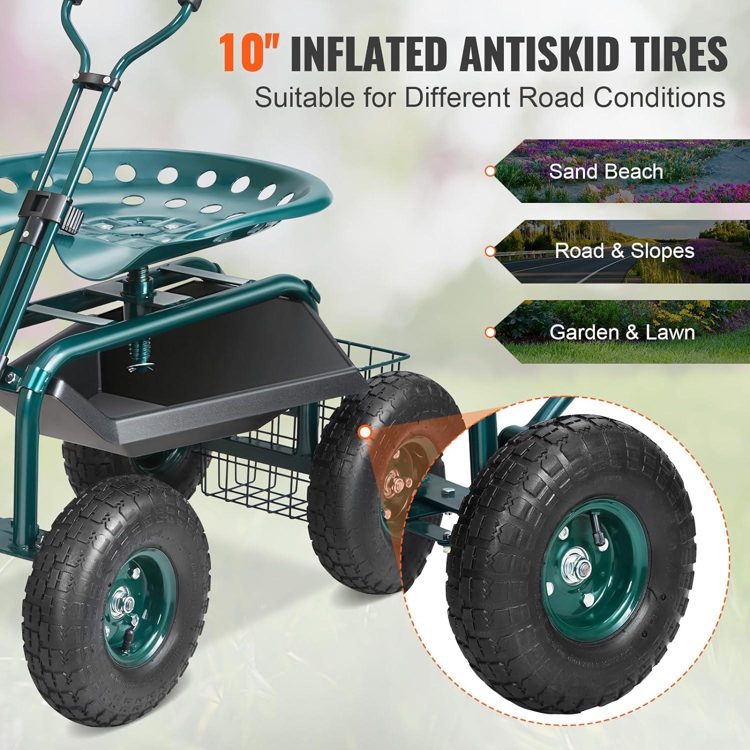 image:imageVEVOR Garden Cart Rolling Workseat with Wheels Gardening Stool for Planting 360 Degree Swivel Seat Wagon Scooter with Steering Handle amp Utility Tool Tray Use for Patio Yard and Outdoors BlueGreen