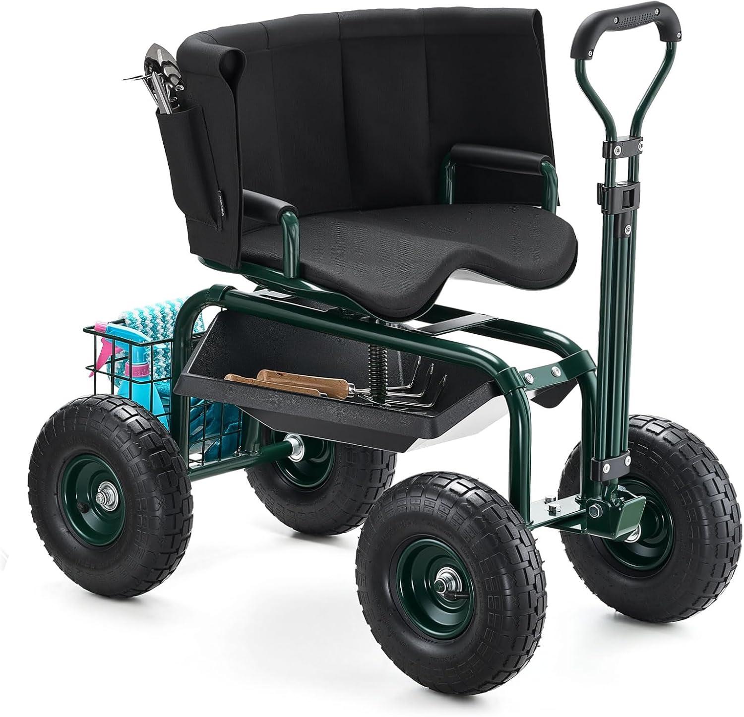 image:imageVEVOR Garden Cart Rolling Workseat with Wheels Gardening Stool for Planting 360 Degree Swivel Seat Wagon Scooter with Steering Handle amp Utility Tool Tray Use for Patio Yard and Outdoors BlueGreen Black