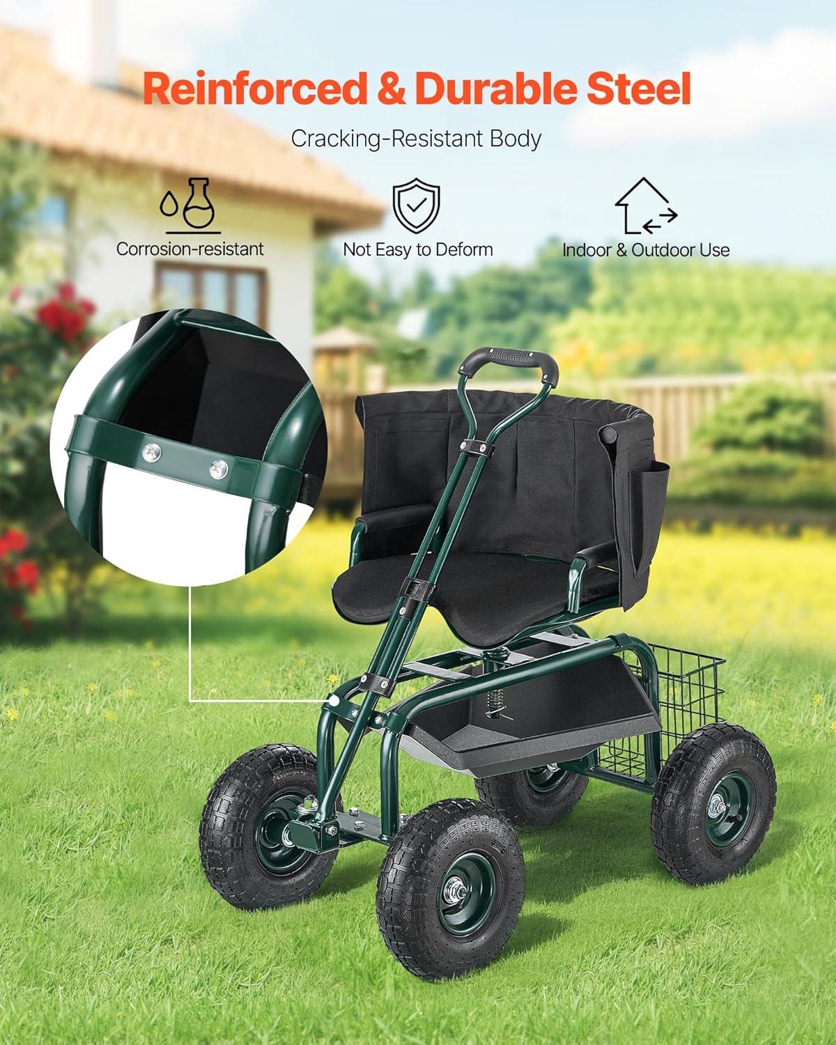 image:imageVEVOR Garden Cart Rolling Workseat with Wheels Gardening Stool for Planting 360 Degree Swivel Seat Wagon Scooter with Steering Handle amp Utility Tool Tray Use for Patio Yard and Outdoors BlueGreen Black