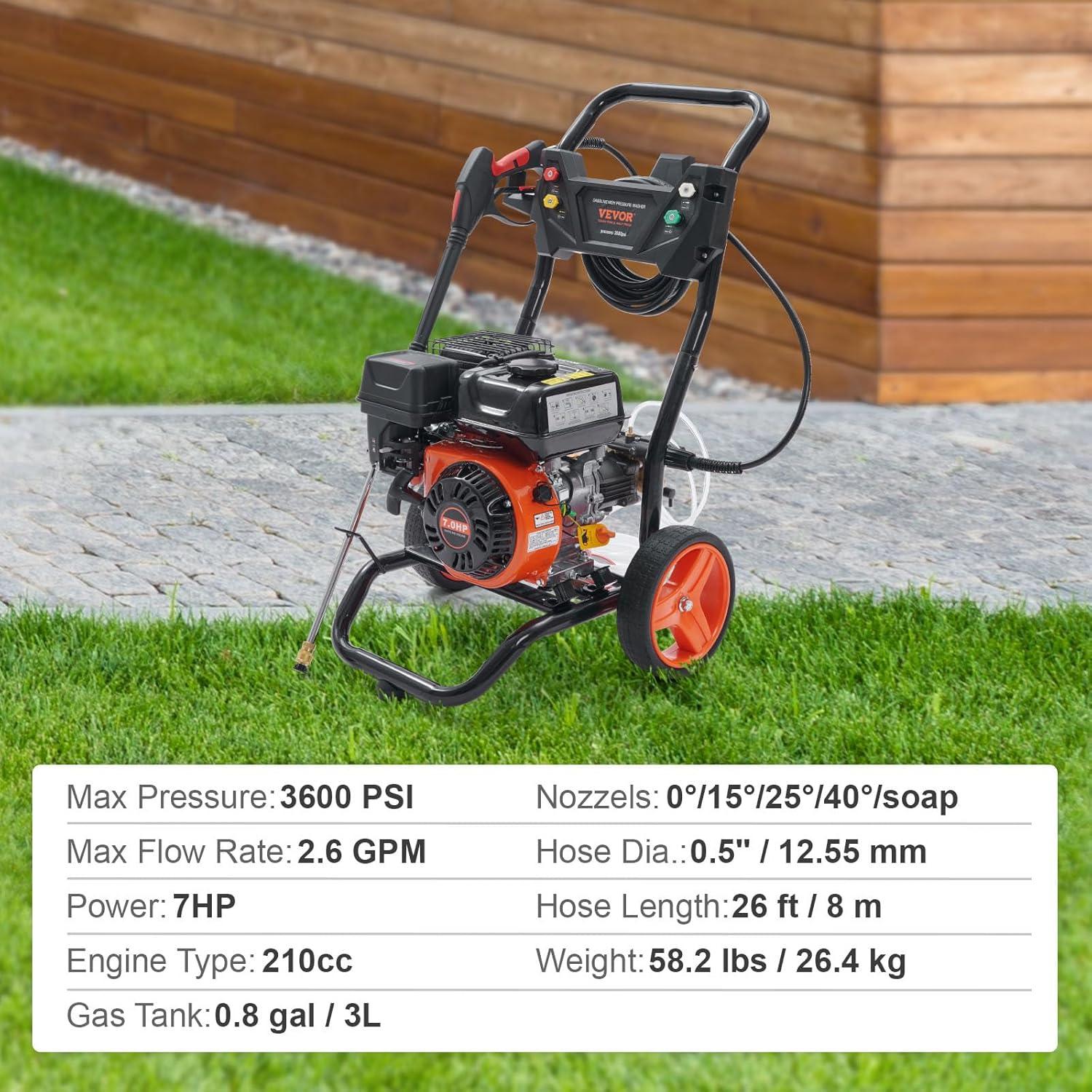 image:imageVEVOR Gas Pressure Washer 3600 PSI 26 GPM Gas Powered Pressure Washer with Copper Pump Spray Gun and Extension Wand 5 Quick Connect Nozzles for Cleaning Cars Homes Driveways Patios3600 PSI