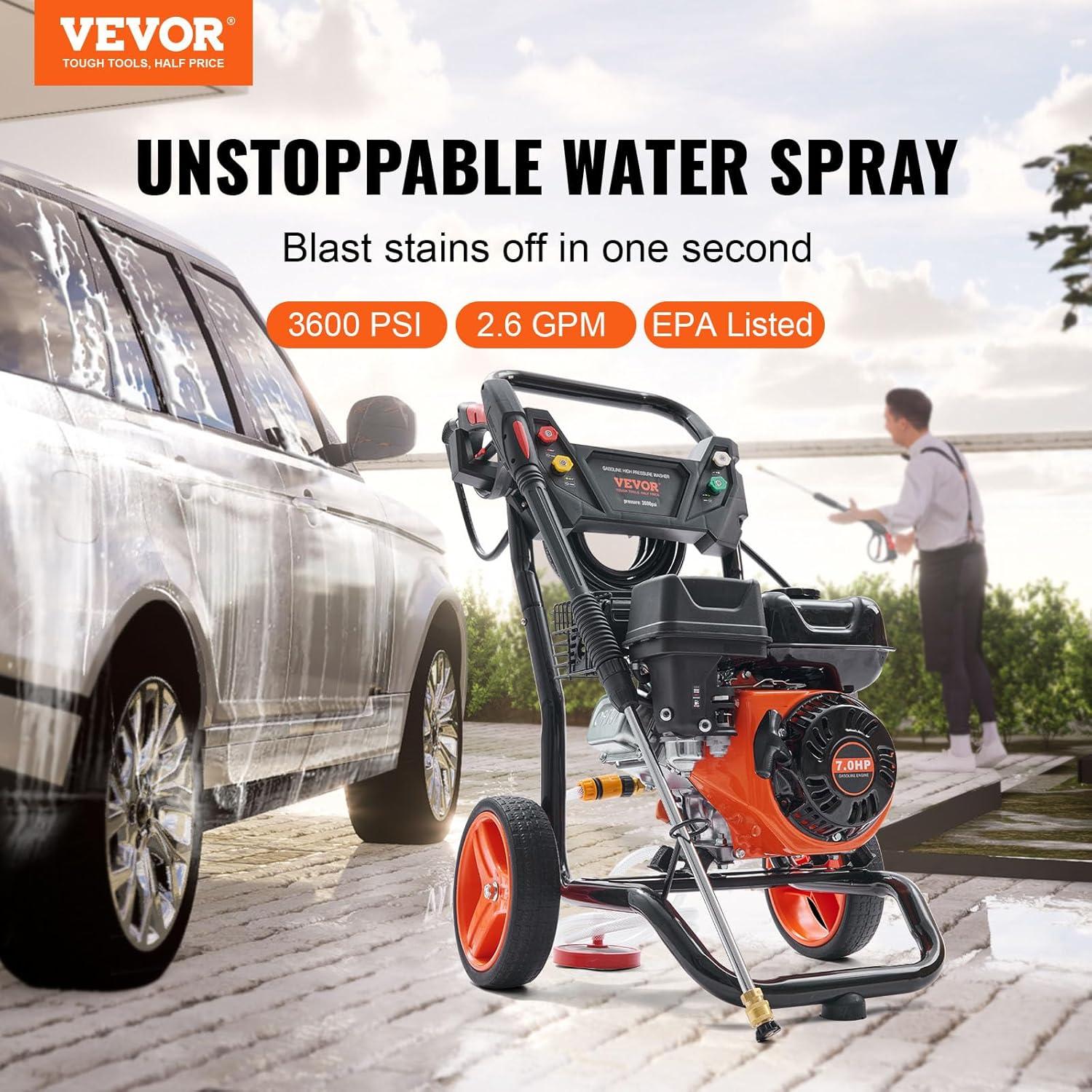 image:imageVEVOR Gas Pressure Washer 3600 PSI 26 GPM Gas Powered Pressure Washer with Copper Pump Spray Gun and Extension Wand 5 Quick Connect Nozzles for Cleaning Cars Homes Driveways Patios3600 PSI