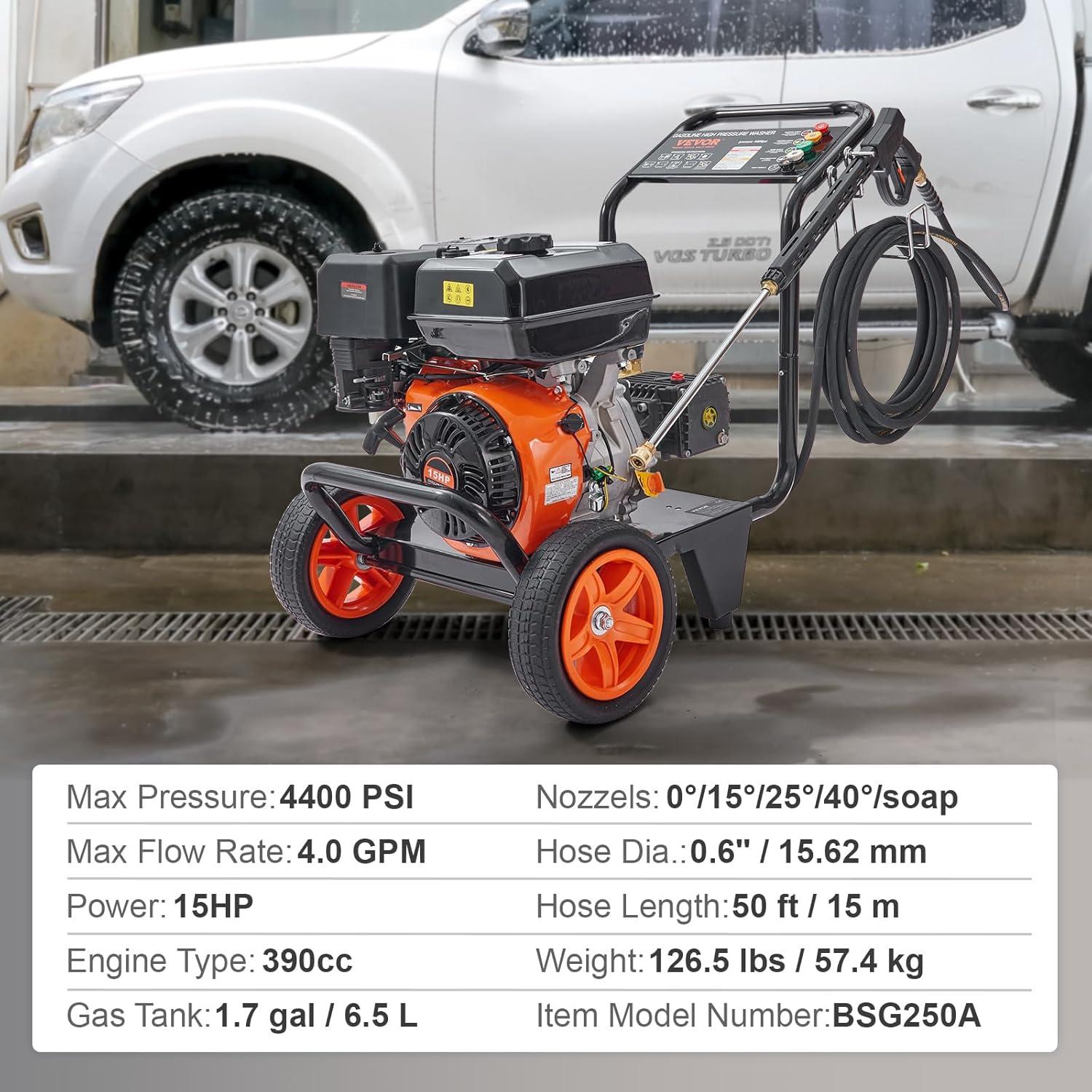 image:imageVEVOR Gas Pressure Washer 3600 PSI 26 GPM Gas Powered Pressure Washer with Copper Pump Spray Gun and Extension Wand 5 Quick Connect Nozzles for Cleaning Cars Homes Driveways Patios4400PSI