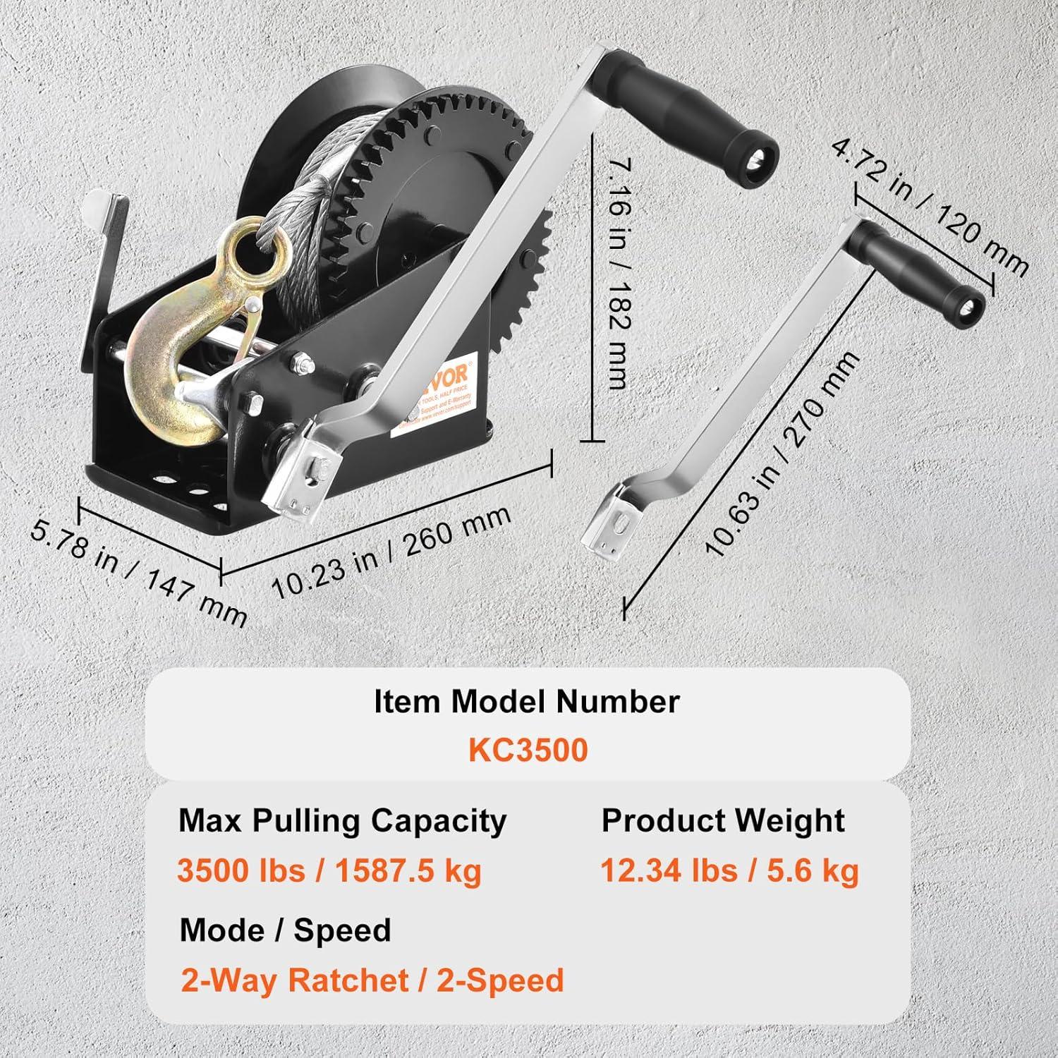 image:imageVEVOR Hand Winch 3500 lbs Pulling Capacity Boat Trailer Winch Heavy Duty Rope Crank with 33 ft Steel Wire Cable and TwoWay Ratchet Manual Operated Hand Crank Winch for Trailer Boat or ATV Towing3500lbs