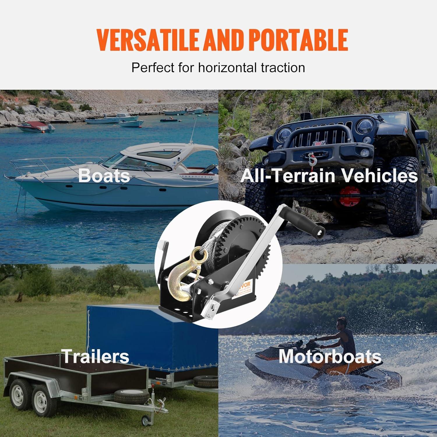 image:imageVEVOR Hand Winch 3500 lbs Pulling Capacity Boat Trailer Winch Heavy Duty Rope Crank with 33 ft Steel Wire Cable and TwoWay Ratchet Manual Operated Hand Crank Winch for Trailer Boat or ATV Towing3500lbs