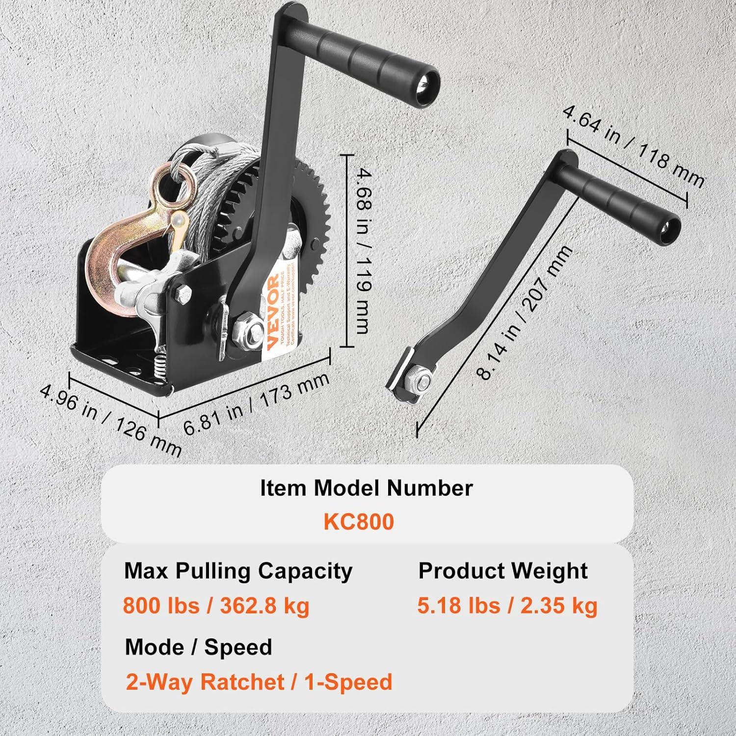 image:imageVEVOR Hand Winch 3500 lbs Pulling Capacity Boat Trailer Winch Heavy Duty Rope Crank with 33 ft Steel Wire Cable and TwoWay Ratchet Manual Operated Hand Crank Winch for Trailer Boat or ATV Towing800 LBS