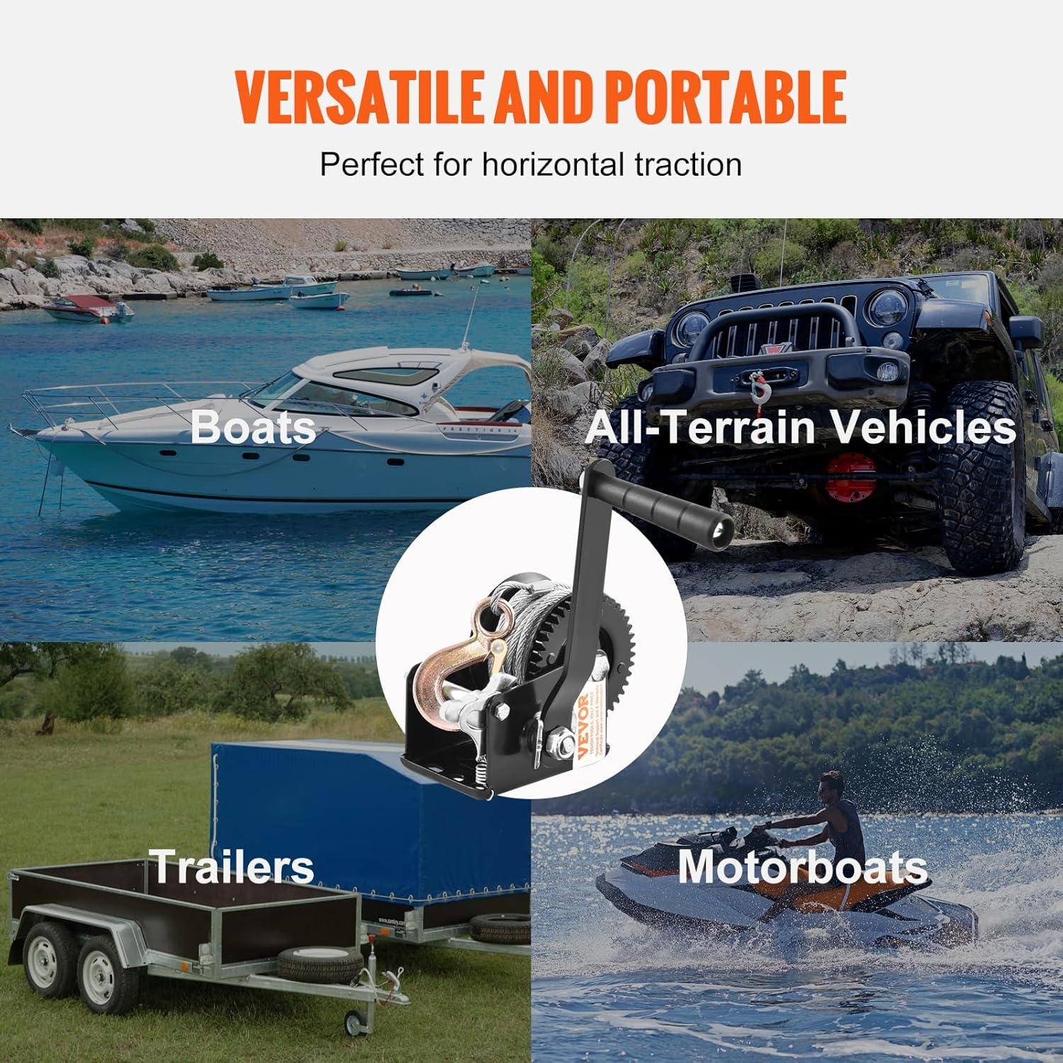 image:imageVEVOR Hand Winch 3500 lbs Pulling Capacity Boat Trailer Winch Heavy Duty Rope Crank with 33 ft Steel Wire Cable and TwoWay Ratchet Manual Operated Hand Crank Winch for Trailer Boat or ATV Towing800 LBS