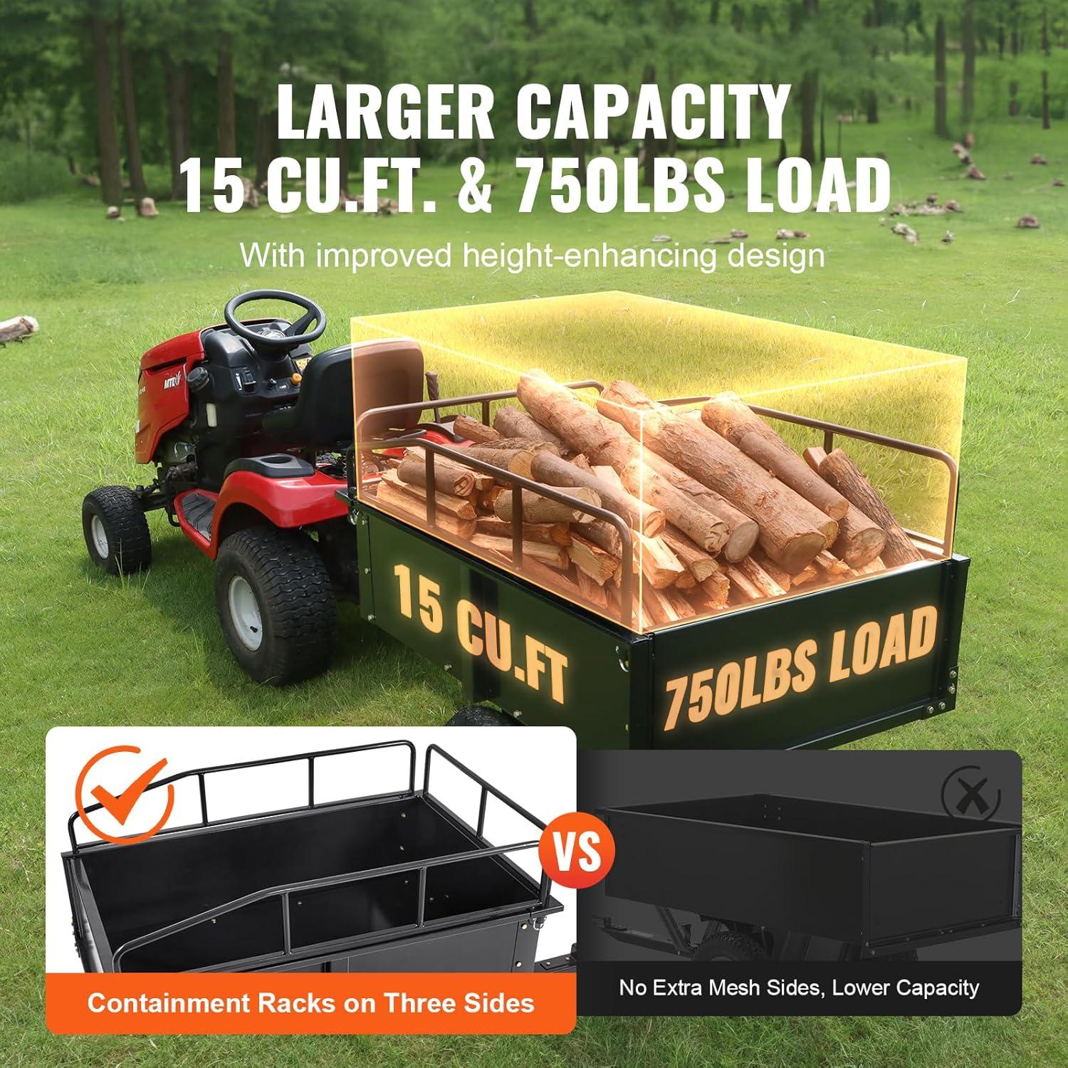 image:imageVEVOR Heavy Duty ATV Trailer Steel Dump Cart 750 lbs 15 Cubic Feet Garden Utility Trailer Yard Trailers with Removable Sides for Riding Lawn Mower Tractor750pound15cuft