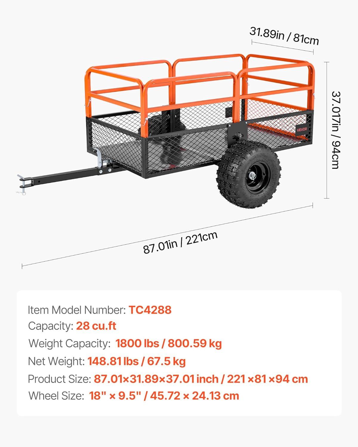 image:imageVEVOR Heavy Duty ATV Trailer Steel Dump Cart 750 lbs 15 Cubic Feet Garden Utility Trailer Yard Trailers with Removable Sides for Riding Lawn Mower Tractor1800Lbs28cuft
