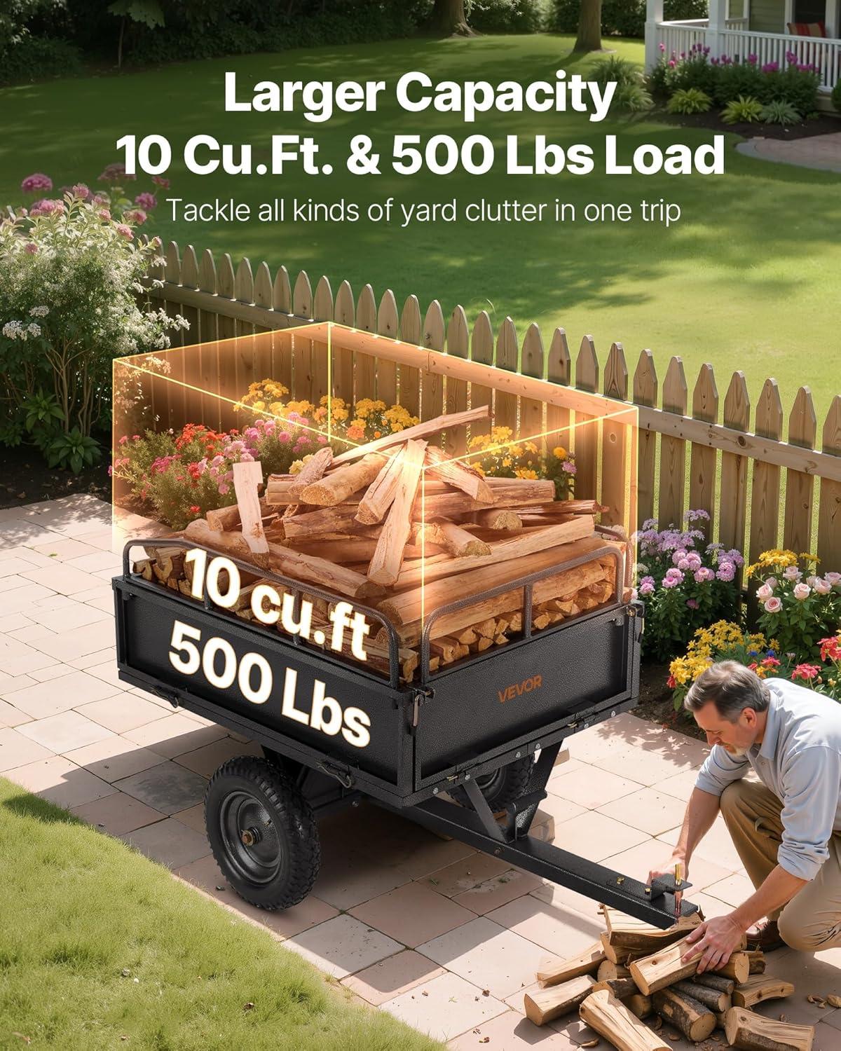 image:imageVEVOR Heavy Duty ATV Trailer Steel Dump Cart 750 lbs 15 Cubic Feet Garden Utility Trailer Yard Trailers with Removable Sides for Riding Lawn Mower Tractor500Lbs10cuft