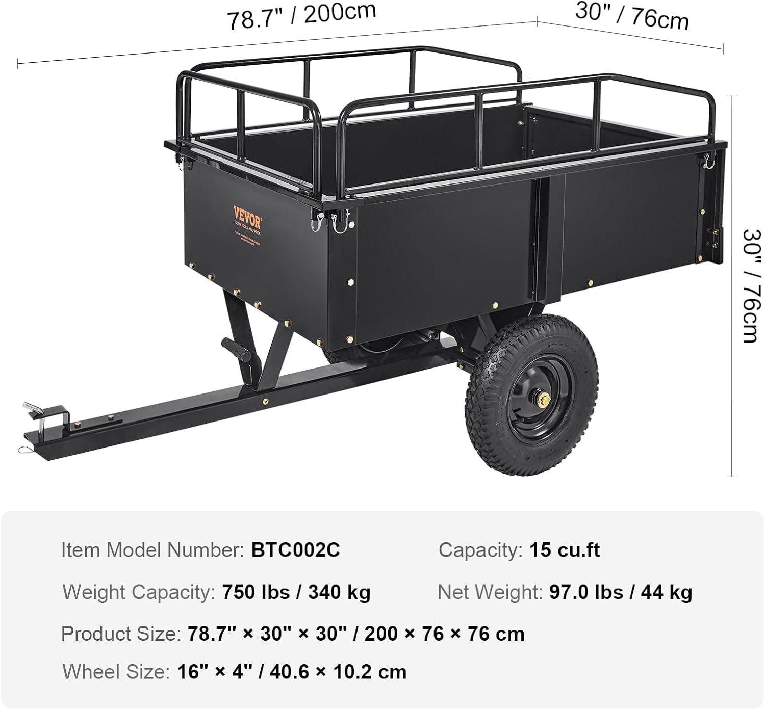 image:imageVEVOR Heavy Duty ATV Trailer Steel Dump Cart 750 lbs 15 Cubic Feet Garden Utility Trailer Yard Trailers with Removable Sides for Riding Lawn Mower Tractor750pound15cuft
