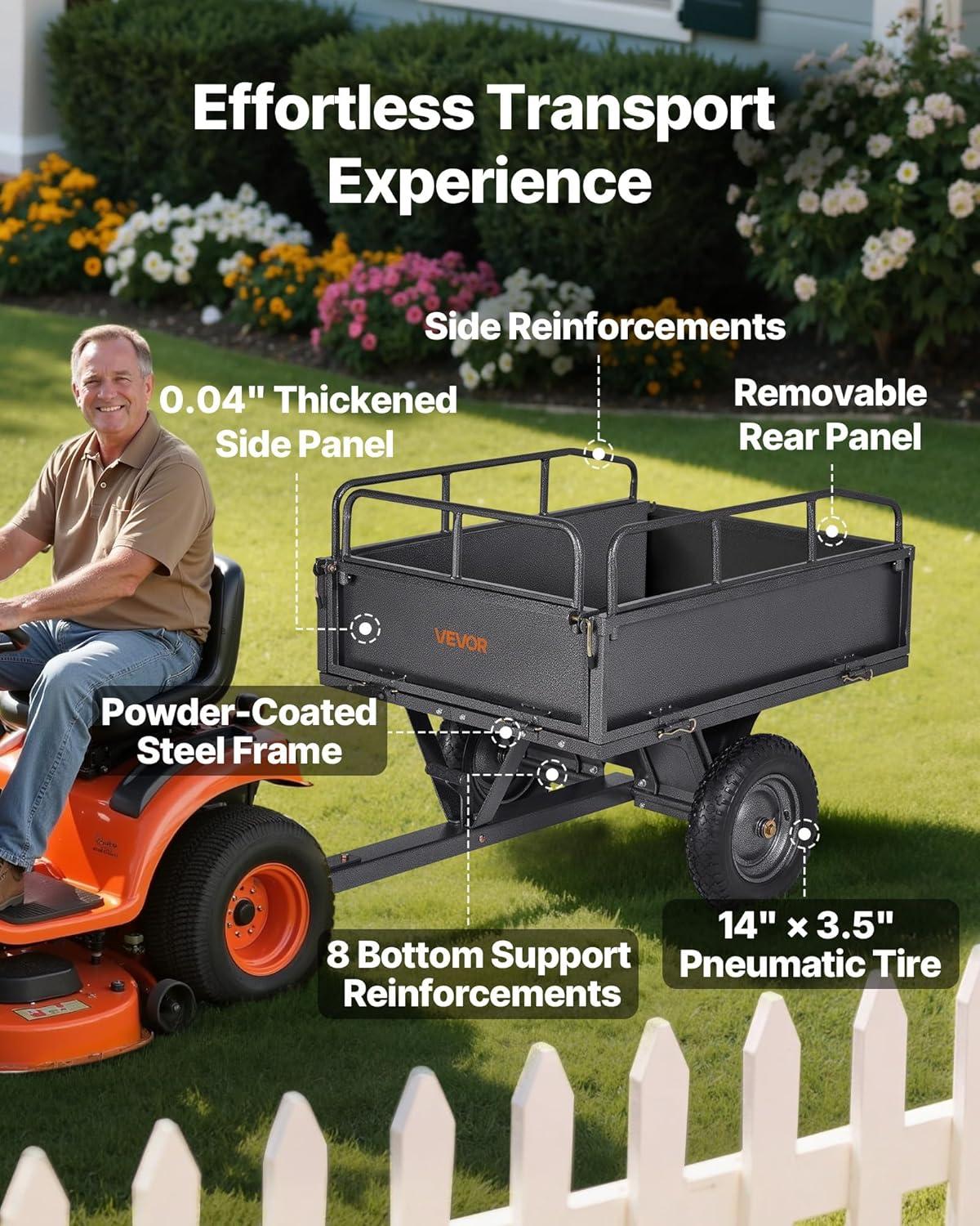 image:imageVEVOR Heavy Duty ATV Trailer Steel Dump Cart 750 lbs 15 Cubic Feet Garden Utility Trailer Yard Trailers with Removable Sides for Riding Lawn Mower Tractor500Lbs10cuft
