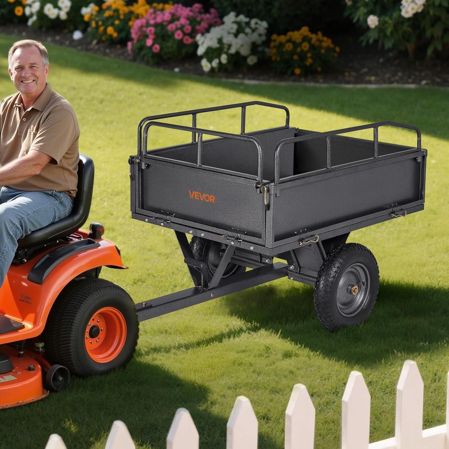 image:imageVEVOR Heavy Duty ATV Trailer Steel Dump Cart 750 lbs 15 Cubic Feet Garden Utility Trailer Yard Trailers with Removable Sides for Riding Lawn Mower Tractor500Lbs10cuft