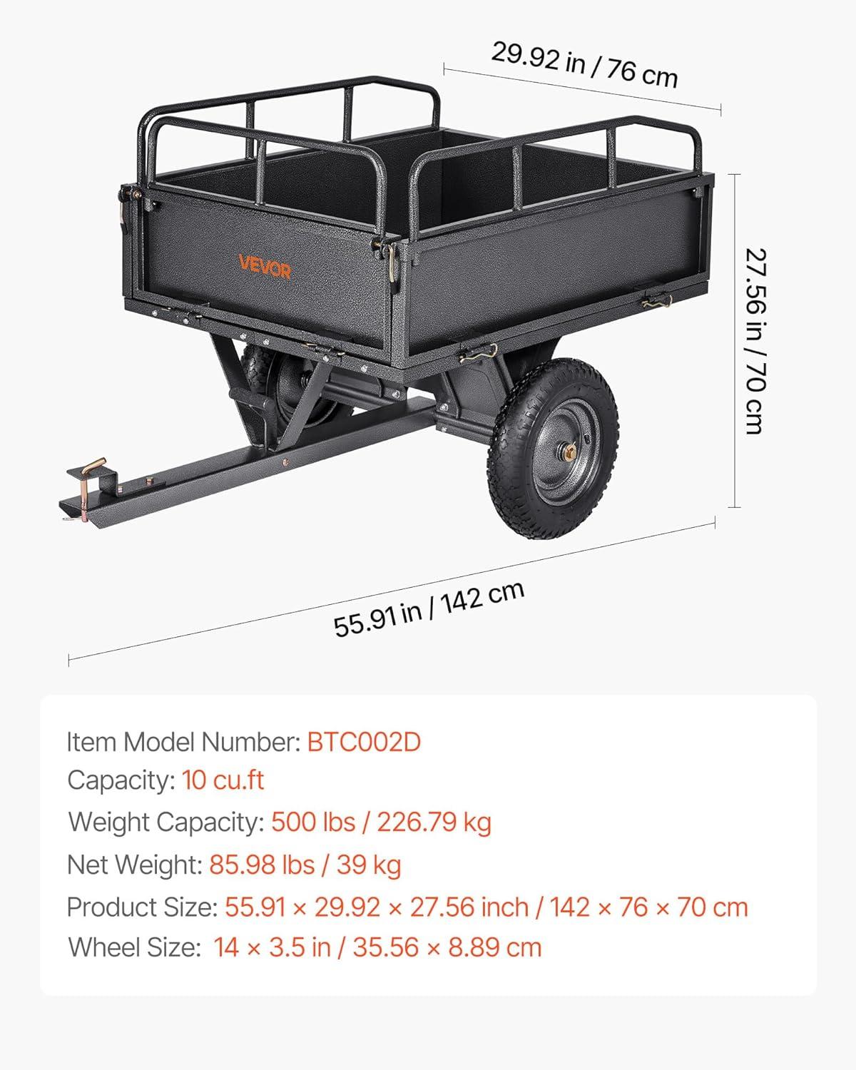 image:imageVEVOR Heavy Duty ATV Trailer Steel Dump Cart 750 lbs 15 Cubic Feet Garden Utility Trailer Yard Trailers with Removable Sides for Riding Lawn Mower Tractor500Lbs10cuft