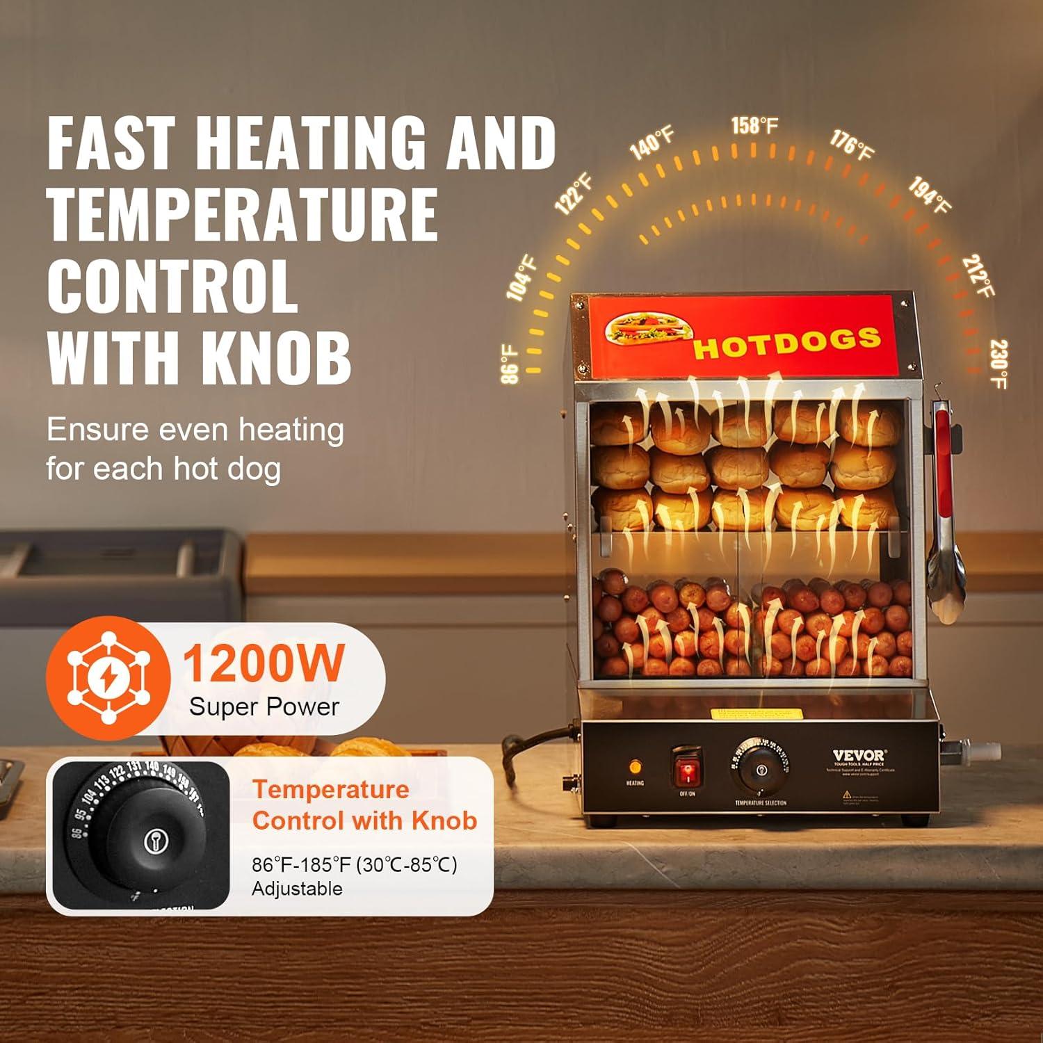 image:imageVEVOR Hot Dog Steamer 285QT 2Tier Hot Dog Hut Steamer 86185 Temperature Control Electric Bun Warmer with Tempered Glass Slide Doors Partition Plate Tong Stainless Steel for Hot Dogs amp Buns
