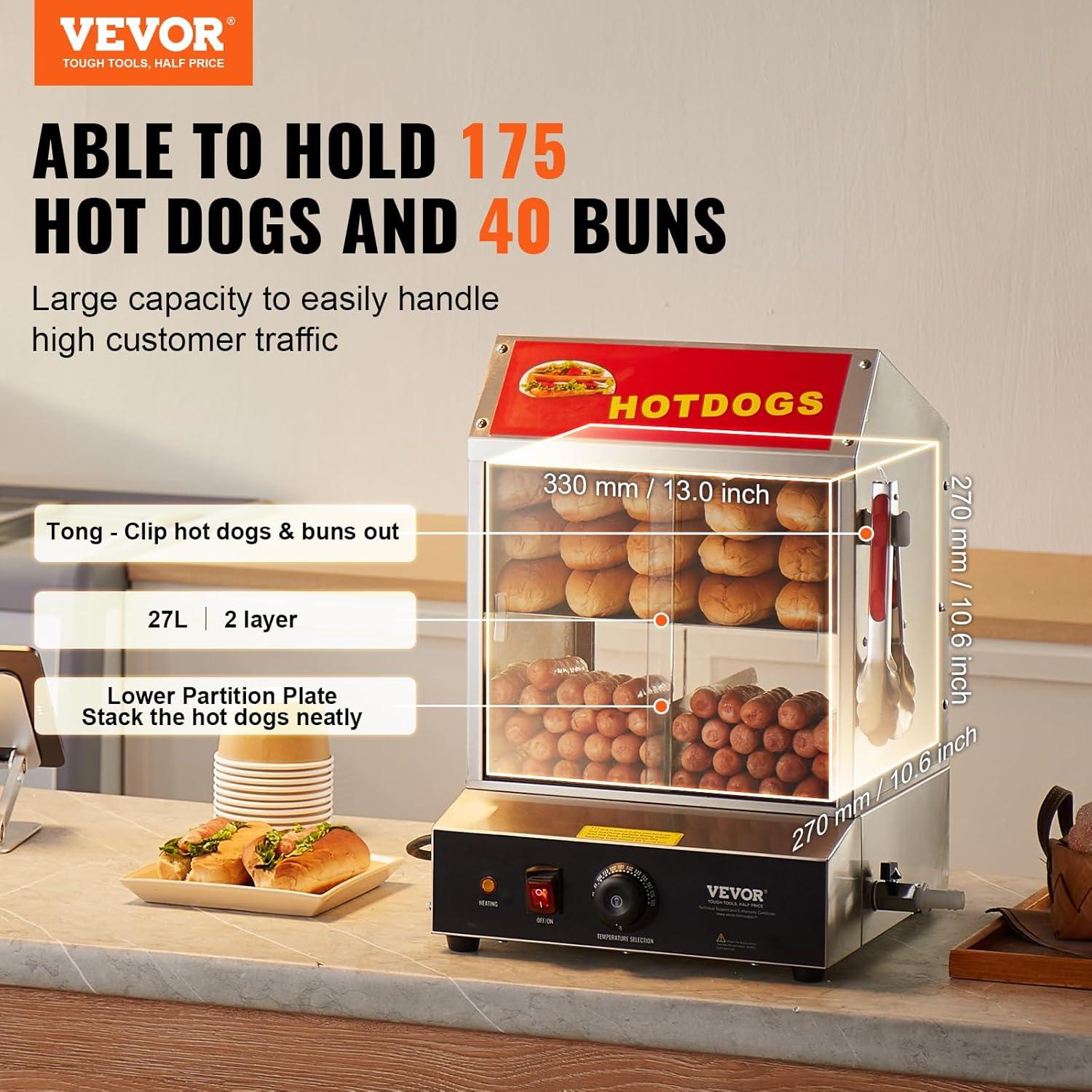 image:imageVEVOR Hot Dog Steamer 285QT 2Tier Hot Dog Hut Steamer 86185 Temperature Control Electric Bun Warmer with Tempered Glass Slide Doors Partition Plate Tong Stainless Steel for Hot Dogs amp Buns