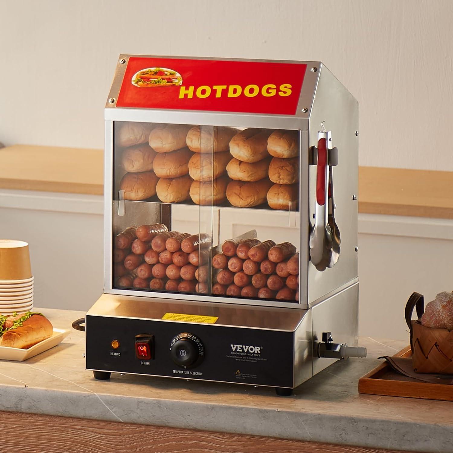 image:imageVEVOR Hot Dog Steamer 285QT 2Tier Hot Dog Hut Steamer 86185 Temperature Control Electric Bun Warmer with Tempered Glass Slide Doors Partition Plate Tong Stainless Steel for Hot Dogs amp Buns