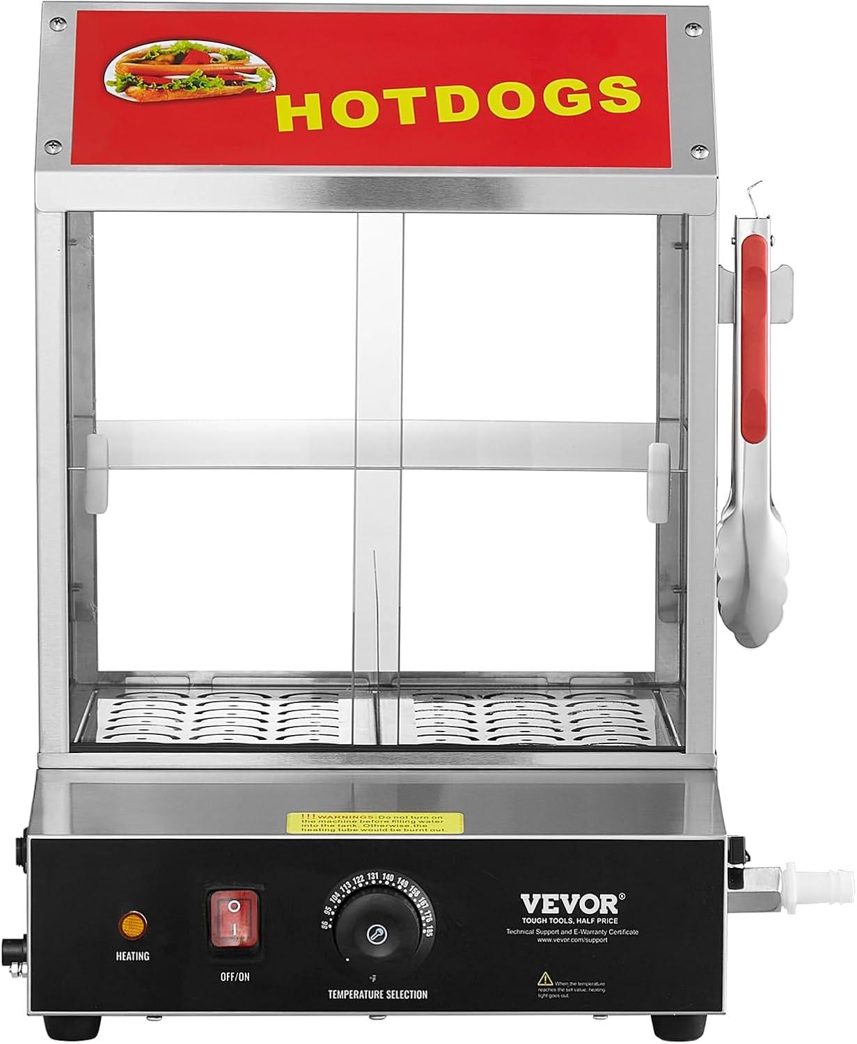 image:imageVEVOR Hot Dog Steamer 285QT 2Tier Hot Dog Hut Steamer 86185 Temperature Control Electric Bun Warmer with Tempered Glass Slide Doors Partition Plate Tong Stainless Steel for Hot Dogs amp Buns