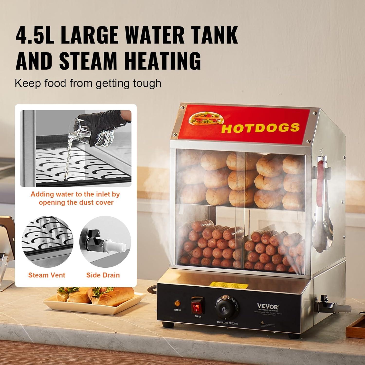image:imageVEVOR Hot Dog Steamer 285QT 2Tier Hot Dog Hut Steamer 86185 Temperature Control Electric Bun Warmer with Tempered Glass Slide Doors Partition Plate Tong Stainless Steel for Hot Dogs amp Buns