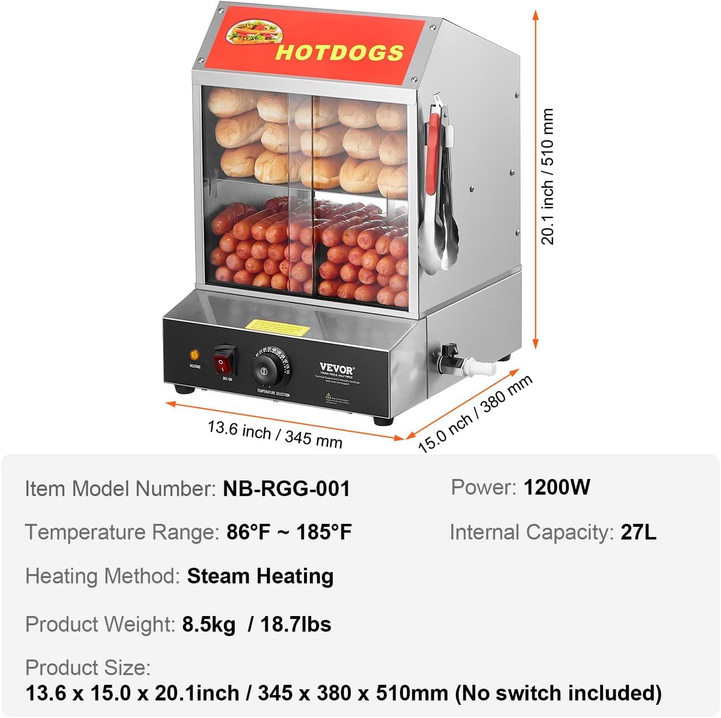 image:imageVEVOR Hot Dog Steamer 285QT 2Tier Hot Dog Hut Steamer 86185 Temperature Control Electric Bun Warmer with Tempered Glass Slide Doors Partition Plate Tong Stainless Steel for Hot Dogs amp Buns