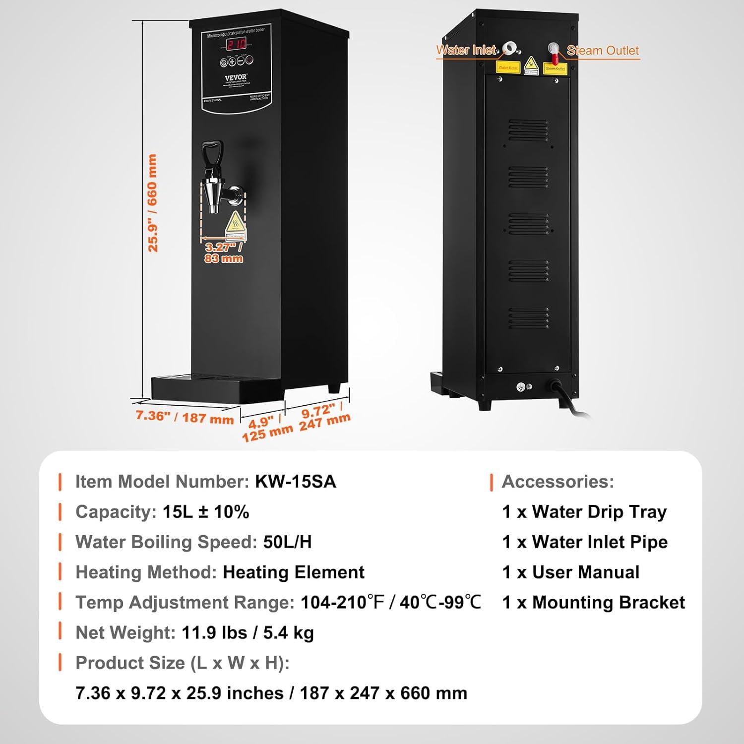 image:imageVEVOR Hot Water Dispenser Commercial Water Boiler 1500W with 316 Stainless Steel Heating Tube 50LH Stepbystep Fast Heating Electric Water Warmer for Coffee Tea Restaurant Office 15L159 Quarts