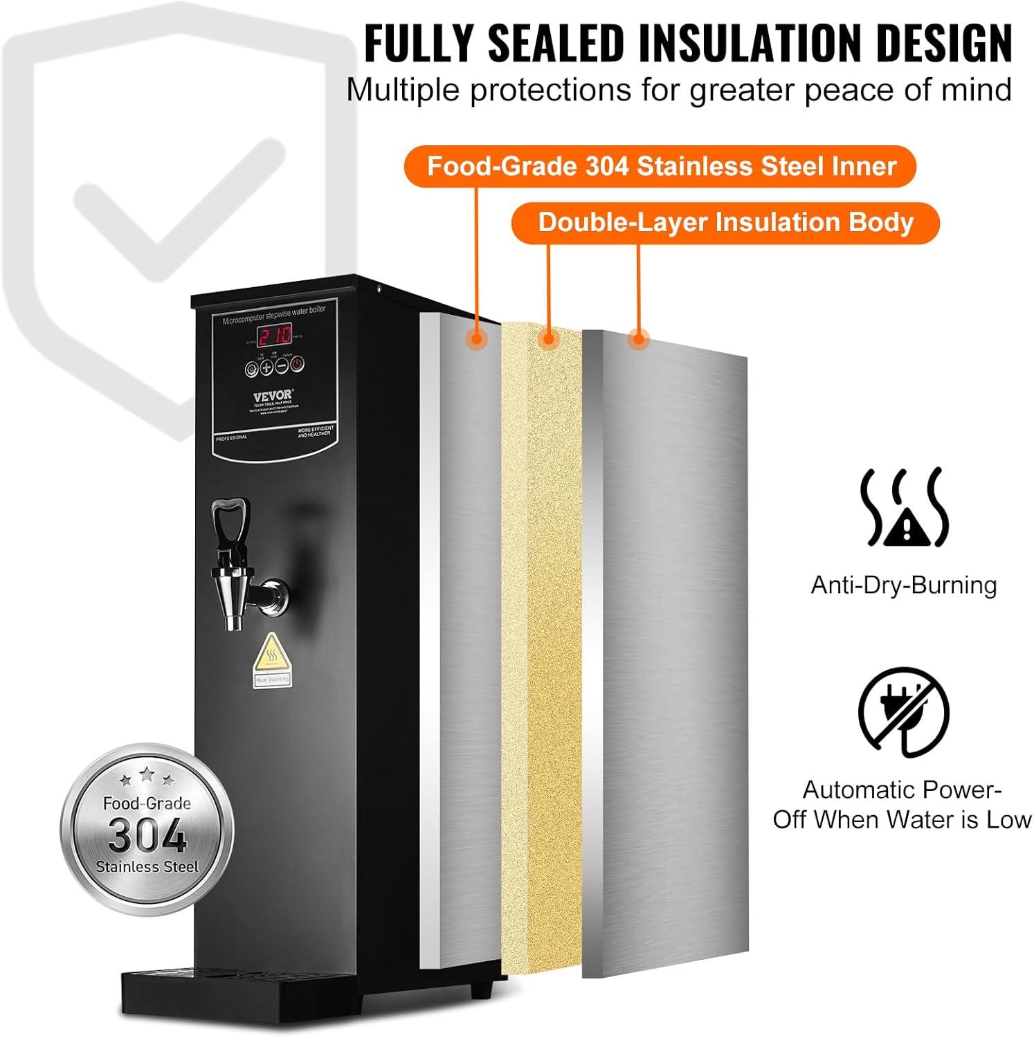image:imageVEVOR Hot Water Dispenser Commercial Water Boiler 1500W with 316 Stainless Steel Heating Tube 50LH Stepbystep Fast Heating Electric Water Warmer for Coffee Tea Restaurant Office 15L211 Quarts