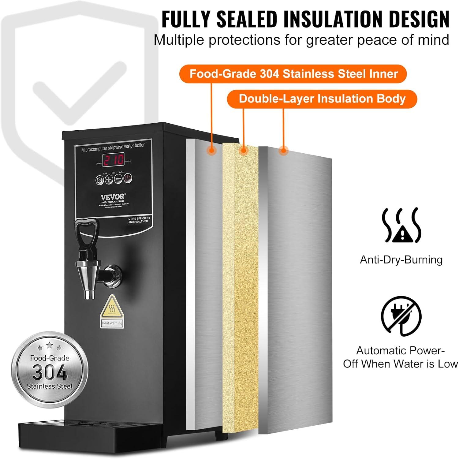 image:imageVEVOR Hot Water Dispenser Commercial Water Boiler 1500W with 316 Stainless Steel Heating Tube 50LH Stepbystep Fast Heating Electric Water Warmer for Coffee Tea Restaurant Office 15L106 Quarts