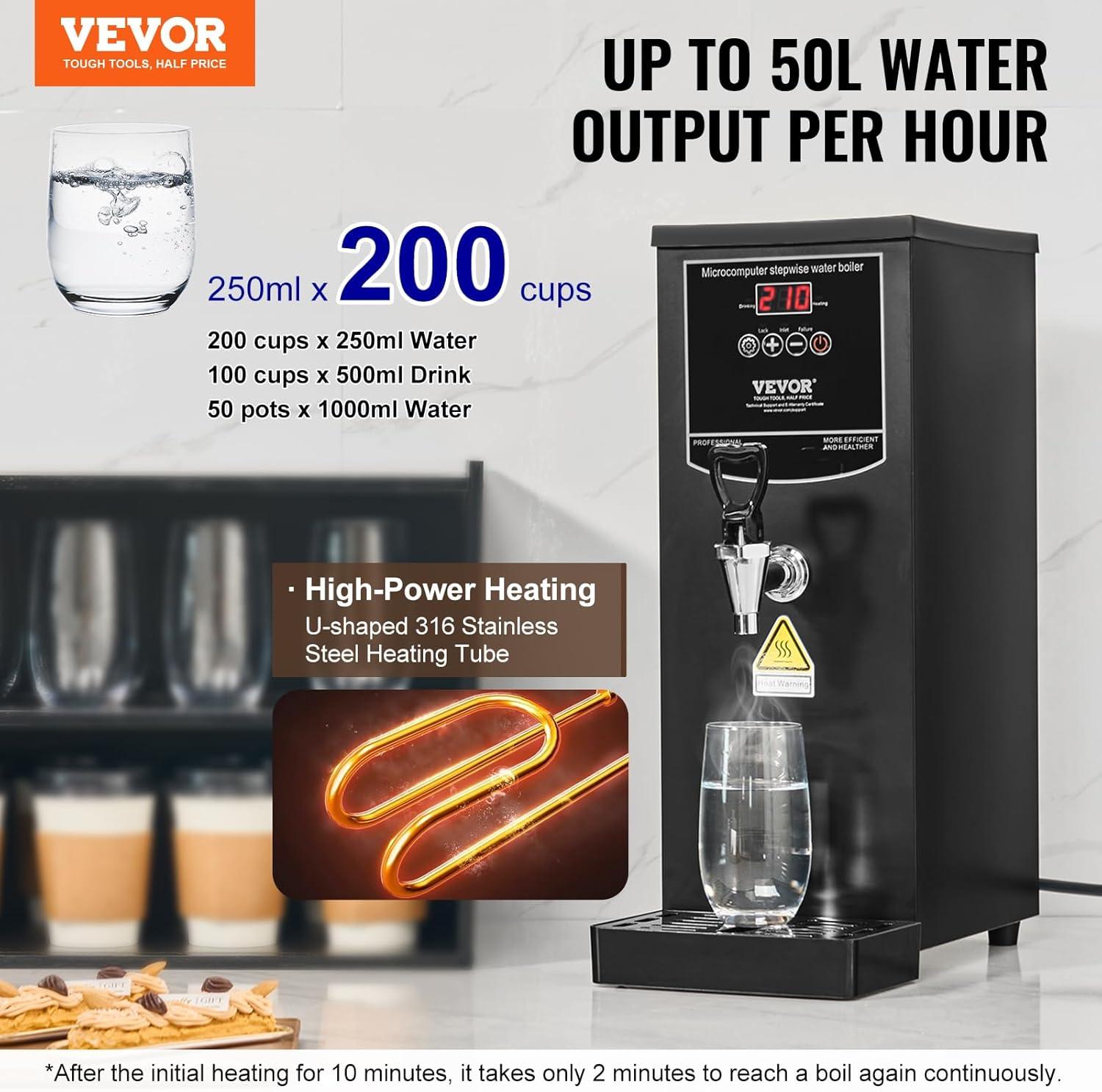 image:imageVEVOR Hot Water Dispenser Commercial Water Boiler 1500W with 316 Stainless Steel Heating Tube 50LH Stepbystep Fast Heating Electric Water Warmer for Coffee Tea Restaurant Office 15L106 Quarts