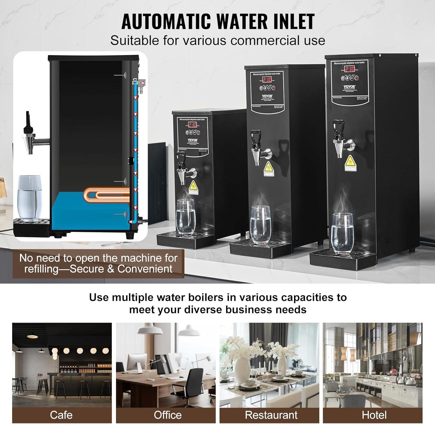 image:imageVEVOR Hot Water Dispenser Commercial Water Boiler 1500W with 316 Stainless Steel Heating Tube 50LH Stepbystep Fast Heating Electric Water Warmer for Coffee Tea Restaurant Office 15L106 Quarts