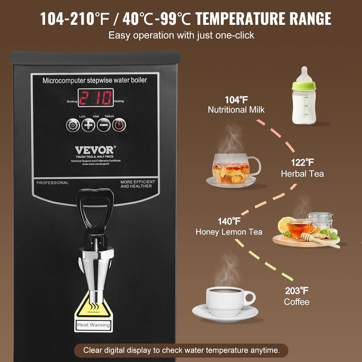 image:imageVEVOR Hot Water Dispenser Commercial Water Boiler 1500W with 316 Stainless Steel Heating Tube 50LH Stepbystep Fast Heating Electric Water Warmer for Coffee Tea Restaurant Office 15L106 Quarts