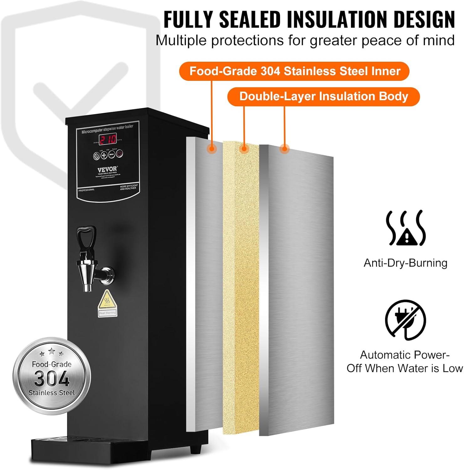 image:imageVEVOR Hot Water Dispenser Commercial Water Boiler 1500W with 316 Stainless Steel Heating Tube 50LH Stepbystep Fast Heating Electric Water Warmer for Coffee Tea Restaurant Office 15L159 Quarts