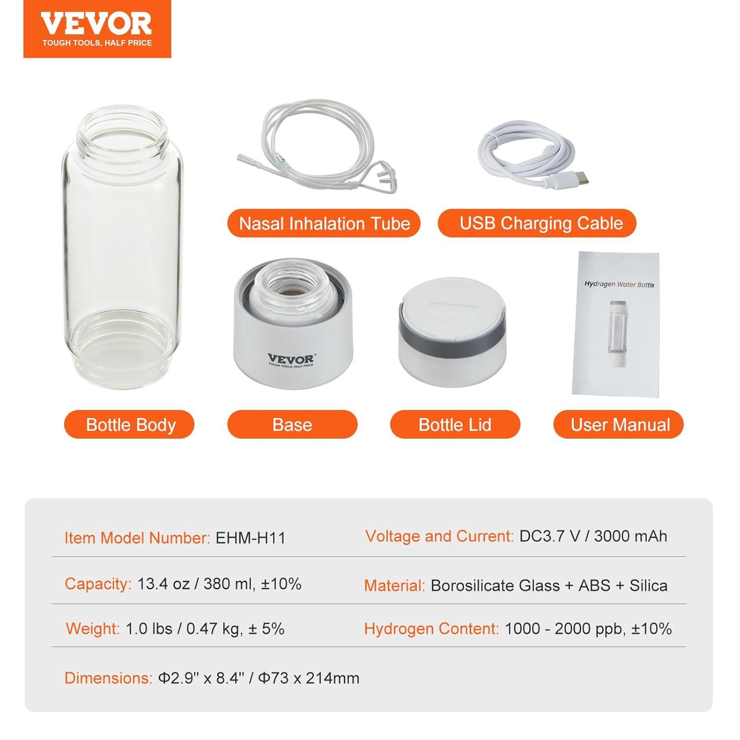 image:imageVEVOR Hydrogen Water Bottle Hydrogen Water Bottle Generator up to 2000 ppb 380ml Portable Hydrogen Water Machine SPE Technology hydrogen water generator with Nasal Inhalation Tube and SelfCleaning