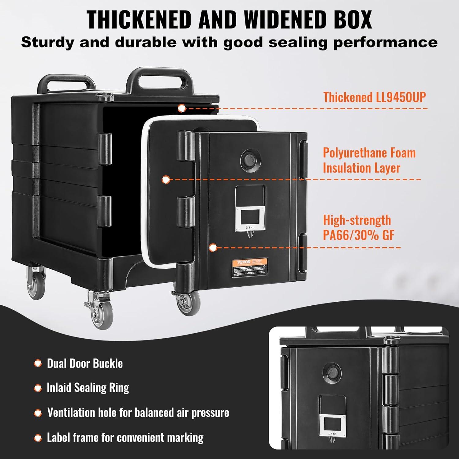 image:imageVEVOR Insulated Food Pan Carrier 81 Qt Hot Box for Catering Food Box Carrier with Double Buckles Front Loading Food Warmer with Handles Stackable End Loader for Restaurant Canteen81 Qt Wheels