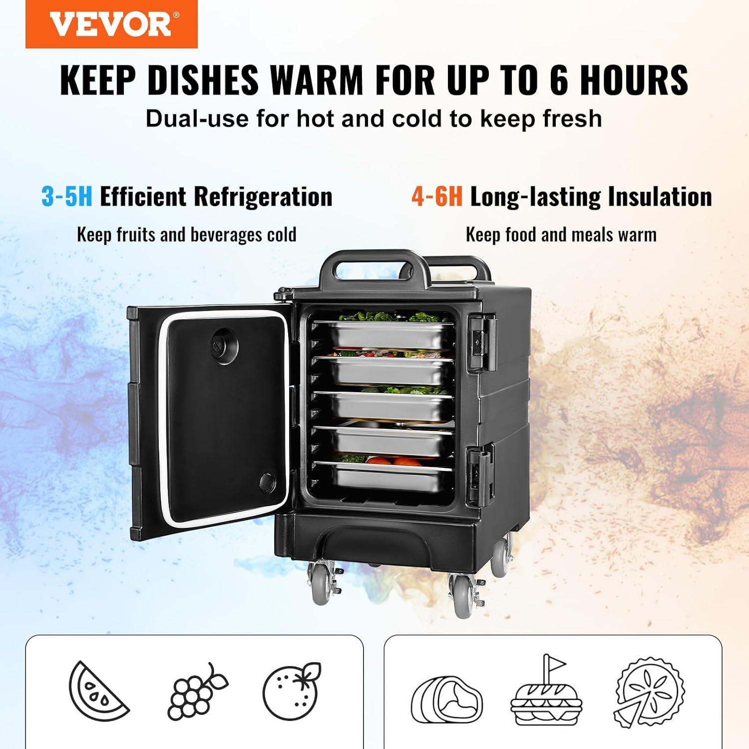 image:imageVEVOR Insulated Food Pan Carrier 81 Qt Hot Box for Catering Food Box Carrier with Double Buckles Front Loading Food Warmer with Handles Stackable End Loader for Restaurant Canteen81 Qt Wheels