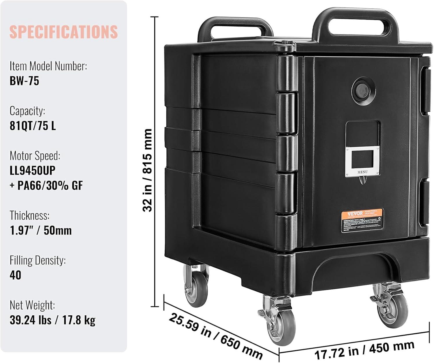 image:imageVEVOR Insulated Food Pan Carrier 81 Qt Hot Box for Catering Food Box Carrier with Double Buckles Front Loading Food Warmer with Handles Stackable End Loader for Restaurant Canteen81 Qt Wheels